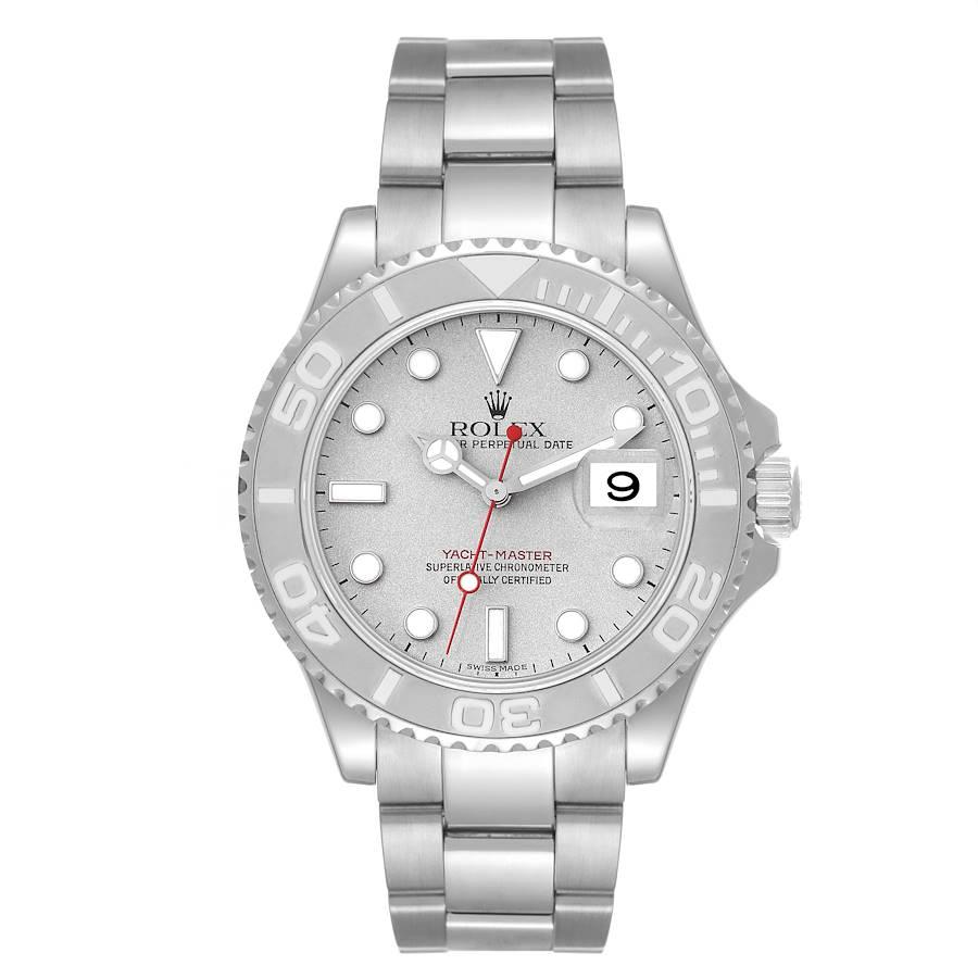 Rolex Yachtmaster Steel Platinum Dial Platinum Bezel Mens Watch 16622. Officially certified chronometer automatic self-winding movement. Stainless steel case 40.0 mm in diameter. Rolex logo on the crown. Platinum special time-lapse bidirectional