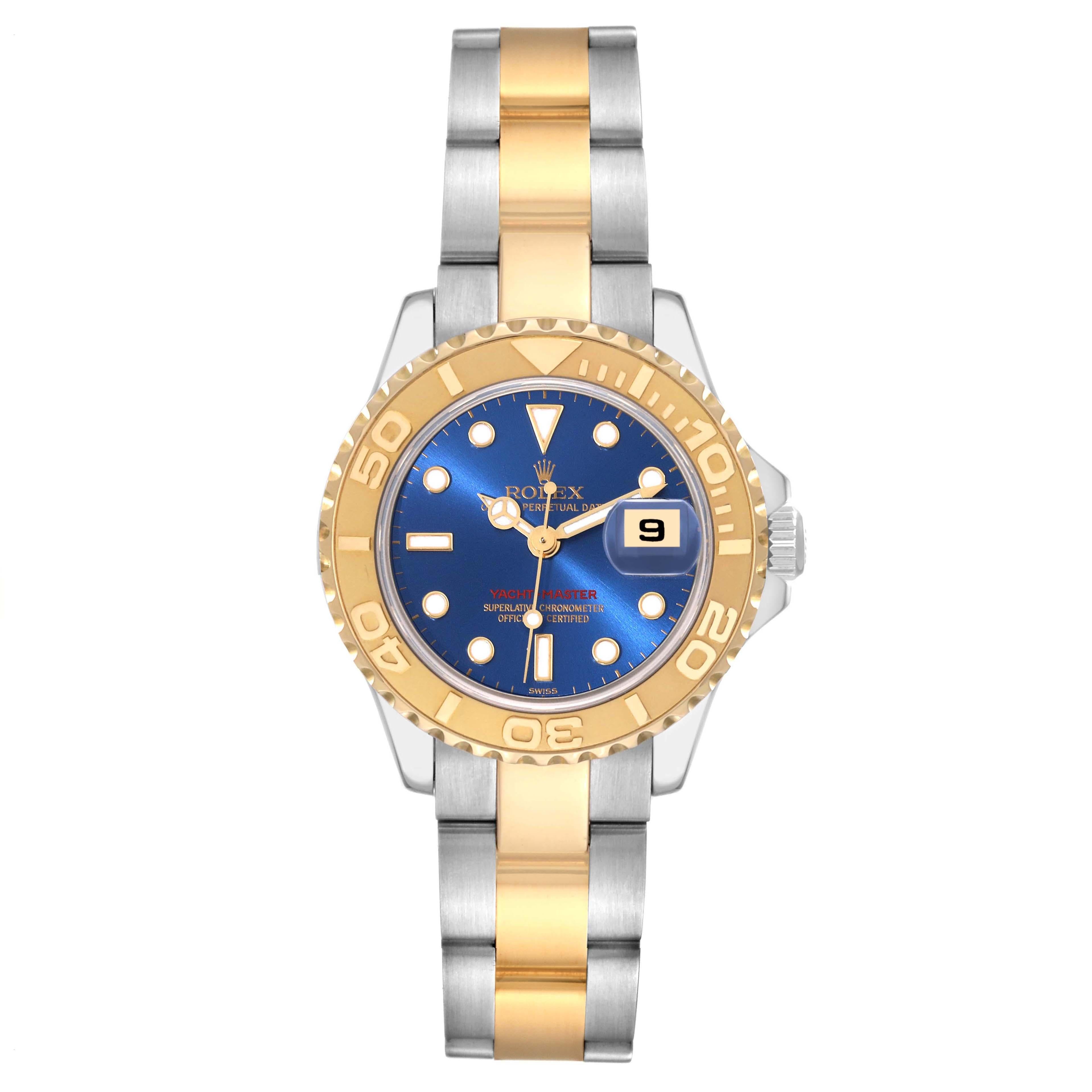 Rolex Yachtmaster Steel Yellow Gold Blue Dial Ladies Watch 169623 Box Papers. Officially certified chronometer automatic self-winding movement. Stainless steel and 18K yellow gold case 29 mm in diameter. Rolex logo on the crown. 18K yellow gold