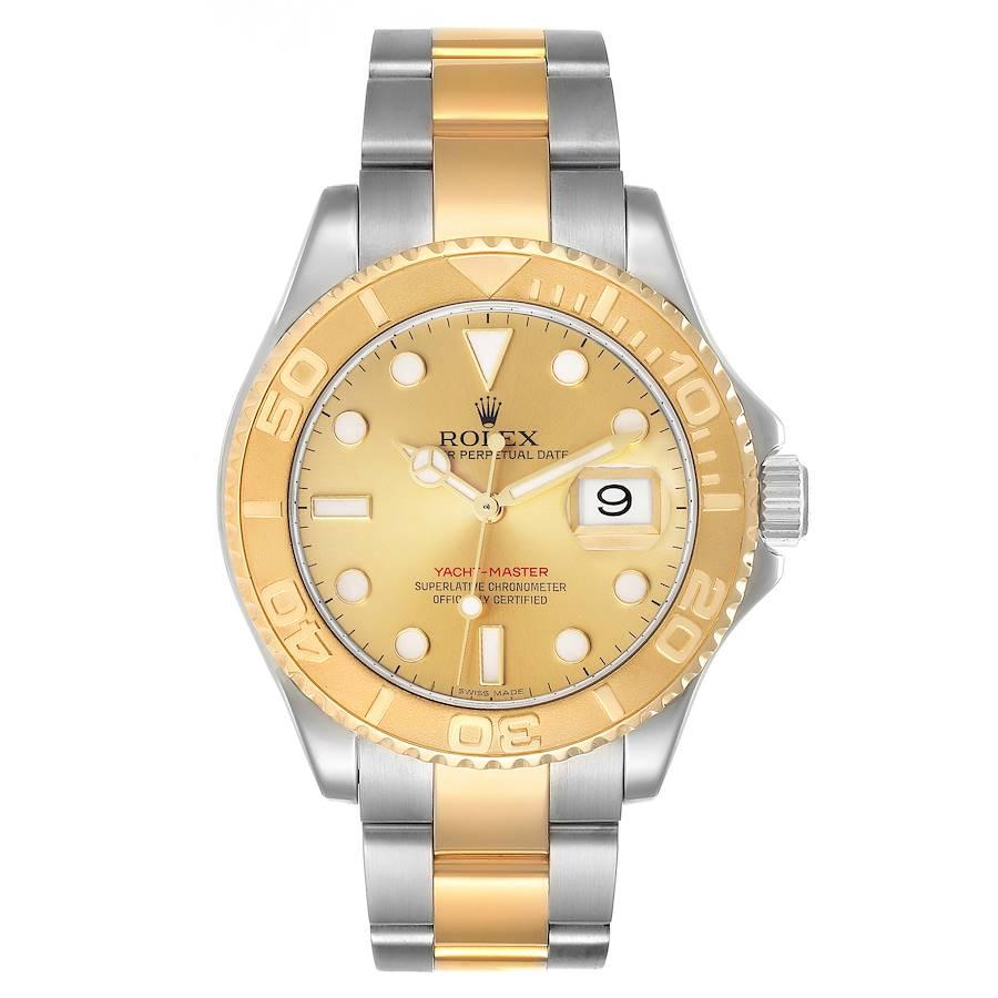 Rolex Yachtmaster Steel Yellow Gold Champagne Dial Mens Watch 16623 Box Card. Officially certified chronometer self-winding movement. Stainless steel case 40 mm in diameter. Rolex logo on a crown. 18k yellow gold special time-lapse unidirectional