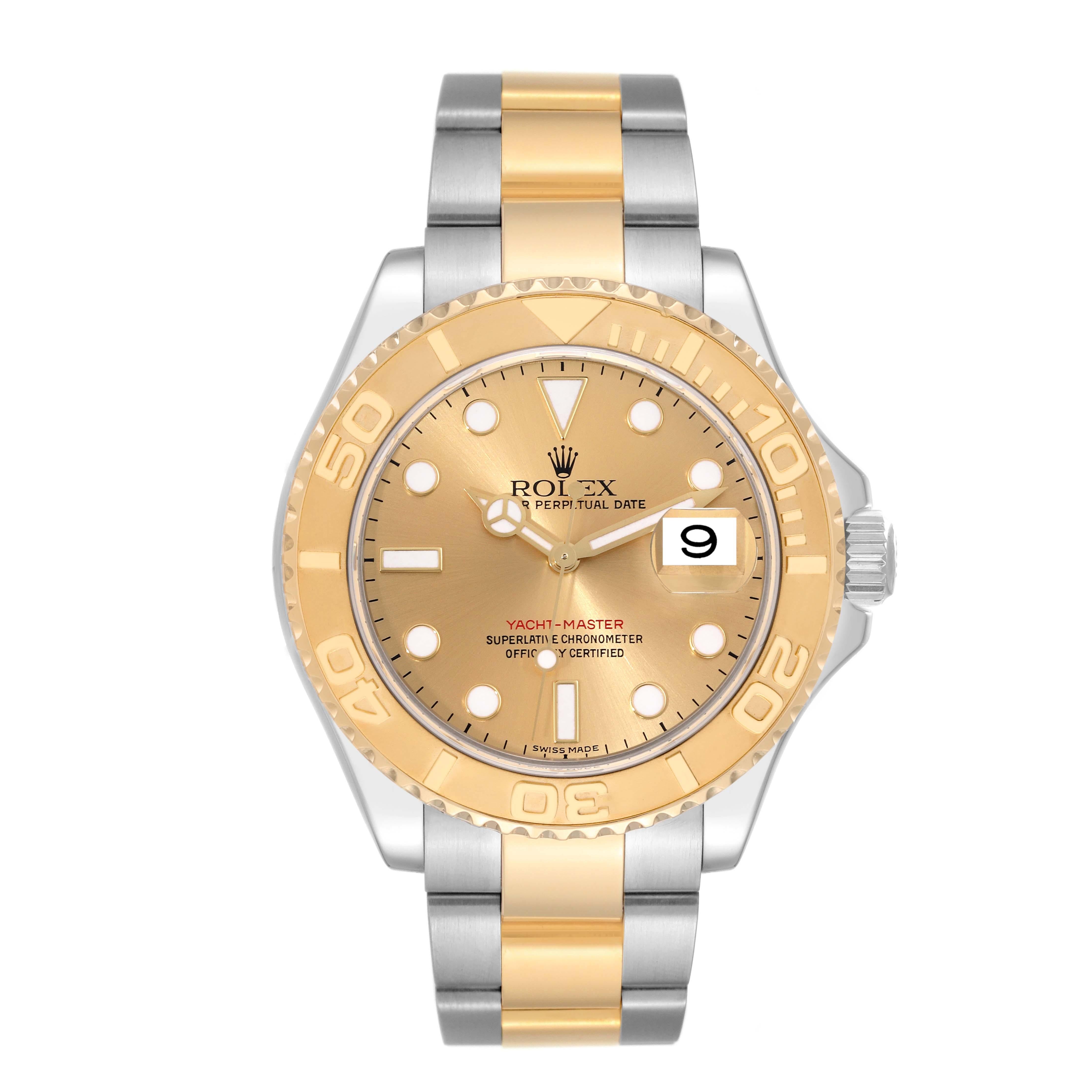 Rolex Yachtmaster Steel Yellow Gold Champagne Dial Mens Watch 16623 Box Card. Officially certified chronometer self-winding movement. Stainless steel case 40 mm in diameter. Rolex logo on a crown. 18k yellow gold special time-lapse bidirectional