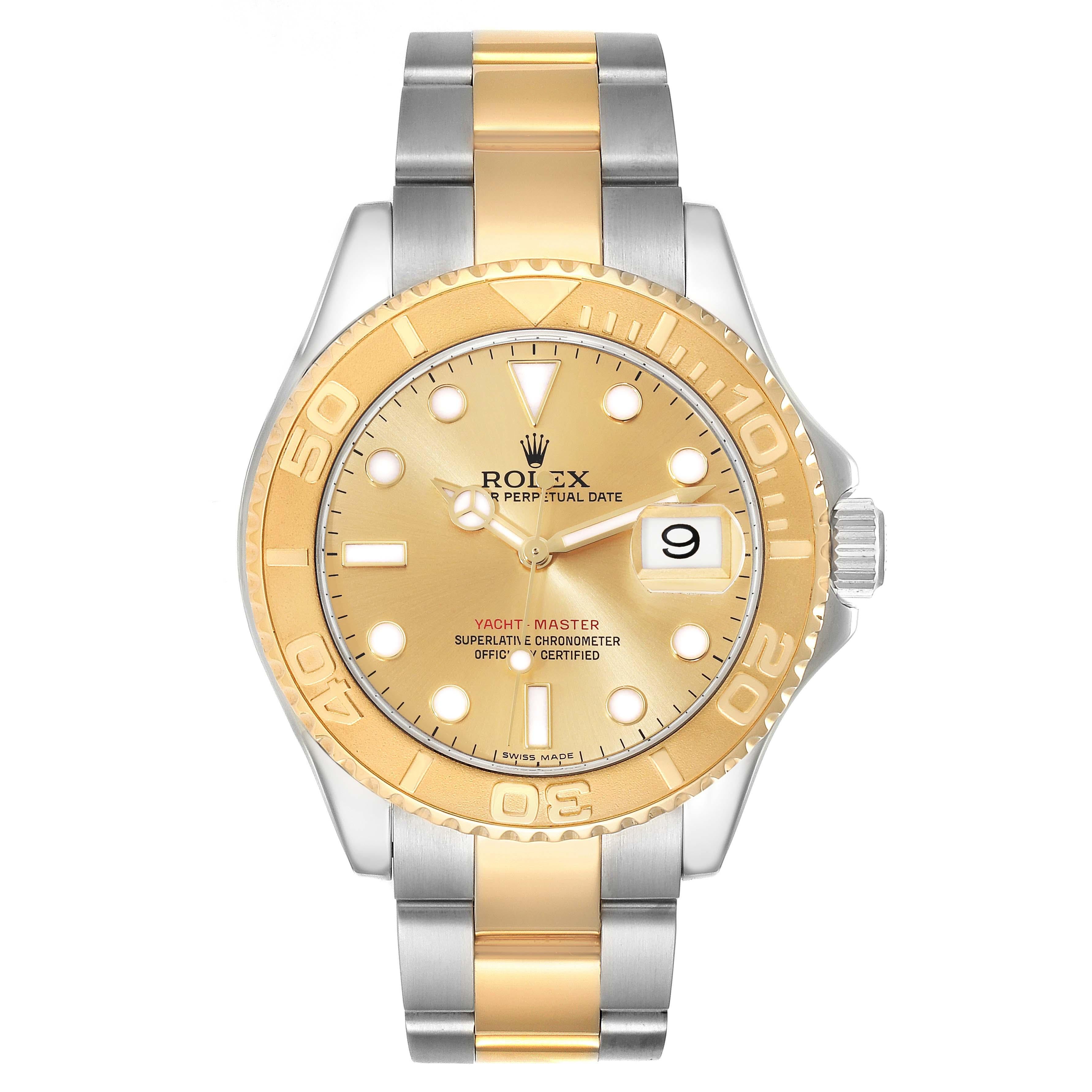 Rolex Yachtmaster Steel Yellow Gold Champagne Dial Mens Watch 16623. Officially certified chronometer self-winding movement. Stainless steel case 40 mm in diameter. Rolex logo on a crown. 18k yellow gold special time-lapse unidirectional rotating