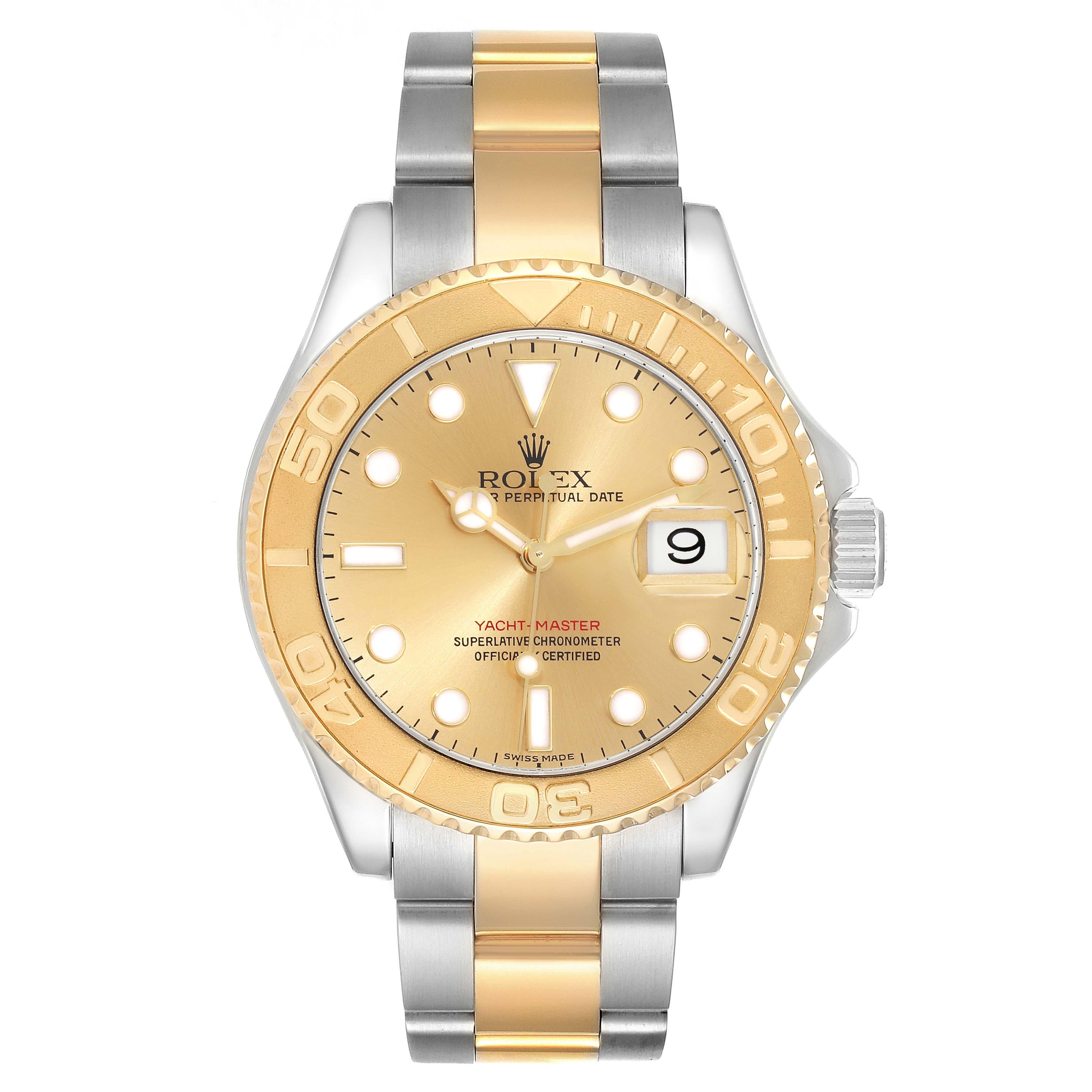 Rolex Yachtmaster Steel Yellow Gold Champagne Dial Mens Watch 16623. Officially certified chronometer self-winding movement. Stainless steel case 40 mm in diameter. Rolex logo on a crown. 18k yellow gold special time-lapse bidirectional rotating