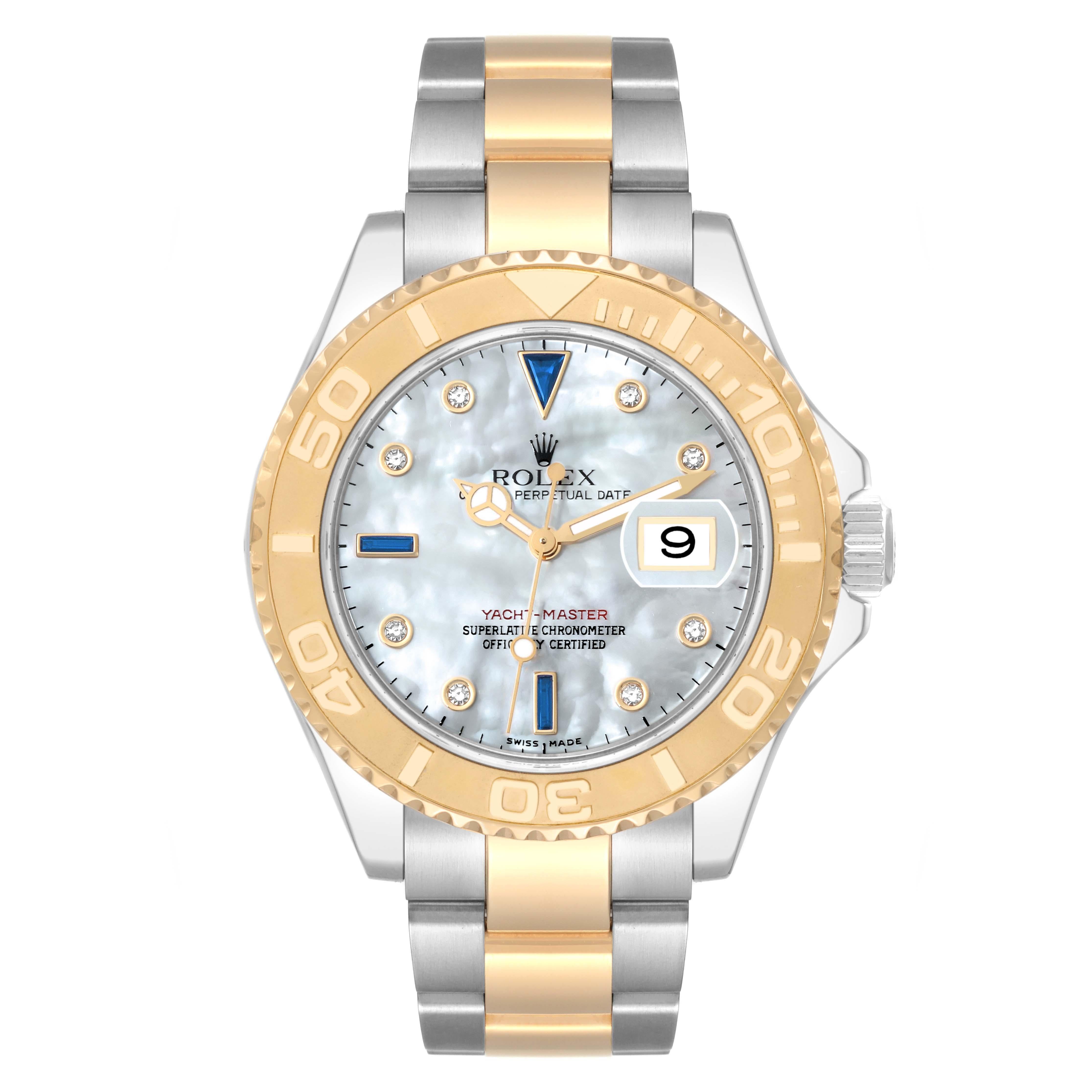 Rolex Yachtmaster Steel Yellow Gold Diamond Sapphire Serti Mens Watch 16623. Officially certified chronometer self-winding movement. Stainless steel case 40.0 mm in diameter. Rolex logo on a crown. 18k yellow gold special time-lapse unidirectional