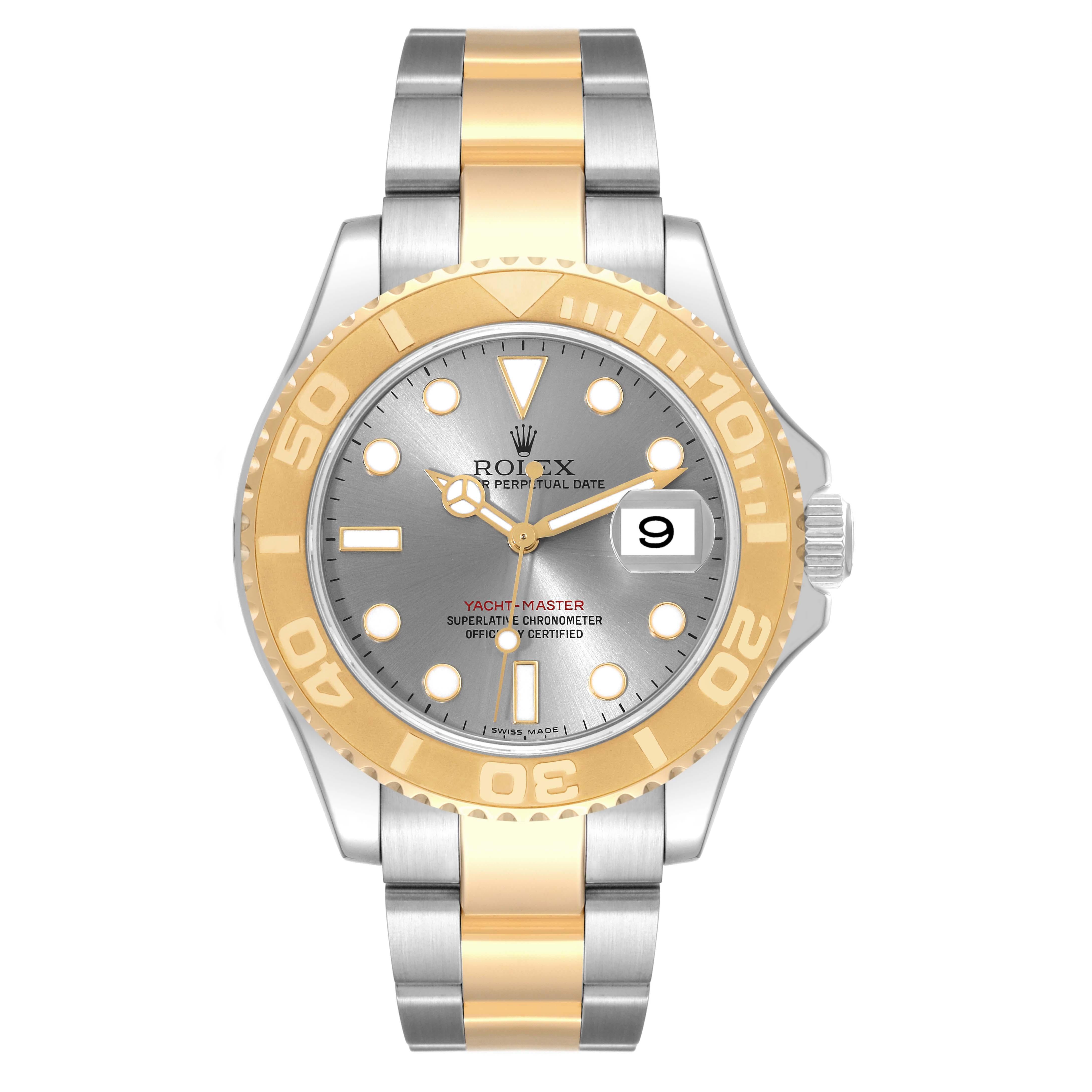 Rolex Yachtmaster Steel Yellow Gold Slate Dial Mens Watch 16623 Box Card. Officially certified chronometer automatic self-winding movement. Stainless steel case 40.0 mm in diameter. Rolex logo on a crown. 18k yellow gold special time-lapse