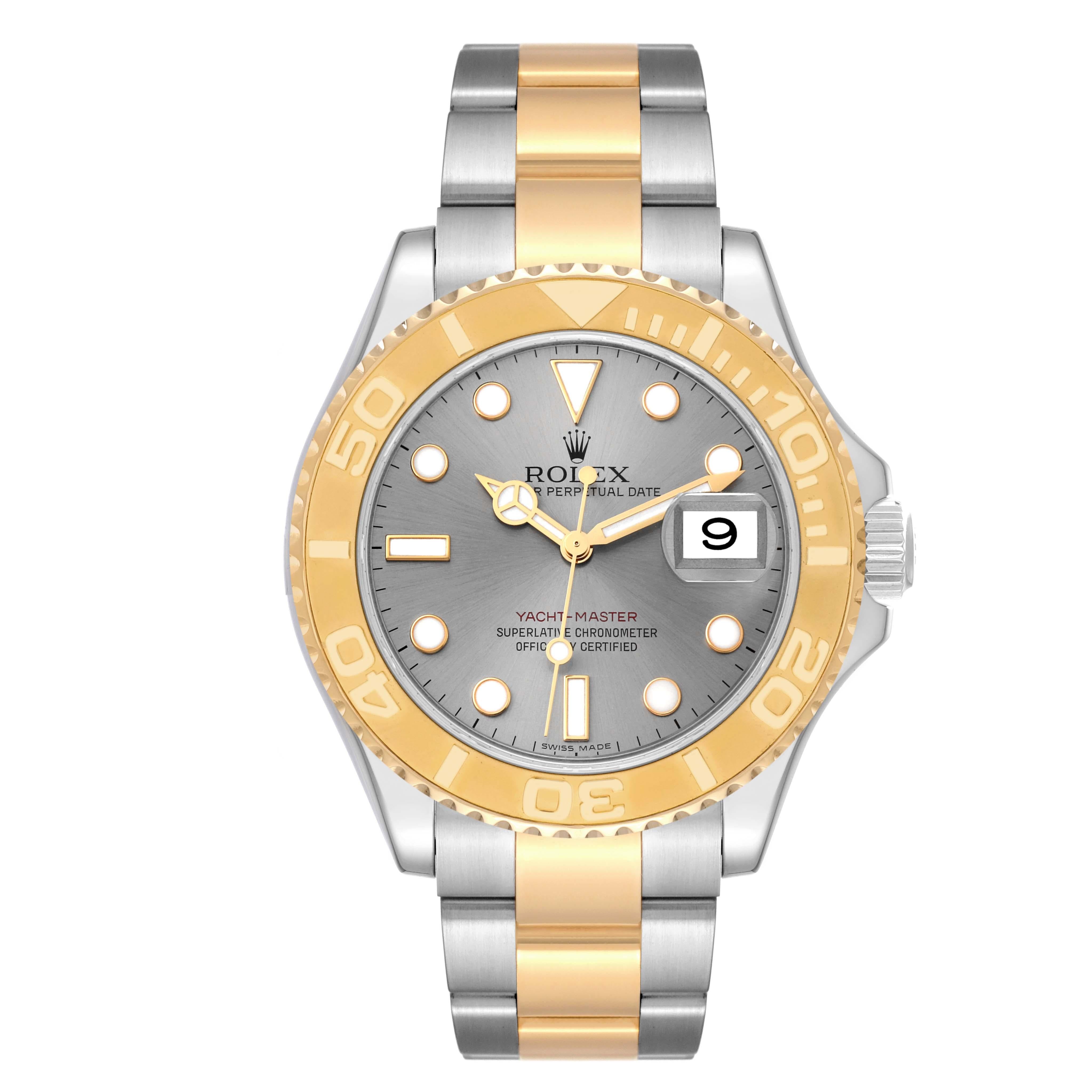 Rolex Yachtmaster Steel Yellow Gold Slate Dial Mens Watch 16623 Box Card. Officially certified chronometer automatic self-winding movement. Stainless steel case 40.0 mm in diameter. Rolex logo on a crown. 18k yellow gold special time-lapse