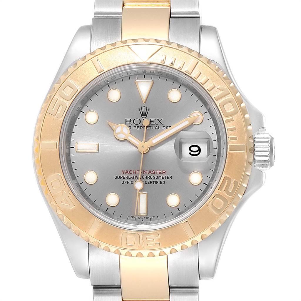 Rolex Yachtmaster Steel Yellow Gold Slate Dial Mens Watch 16623. Officially certified chronometer automatic self-winding movement. Stainless steel case 40.0 mm in diameter. Rolex logo on a crown. 18k yellow gold special time-lapse unidirectional