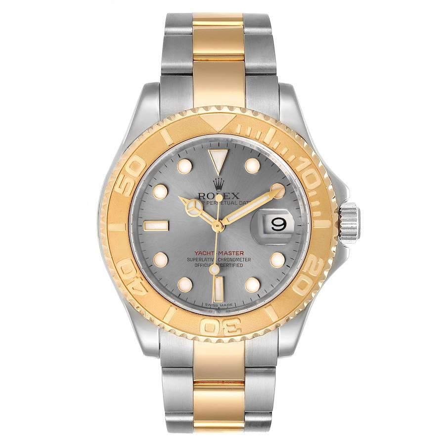 Rolex Yachtmaster Steel Yellow Gold Slate Dial Mens Watch 16623. Officially certified chronometer self-winding movement. Stainless steel case 40.0 mm in diameter. Rolex logo on a crown. 18k yellow gold special time-lapse unidirectional rotating