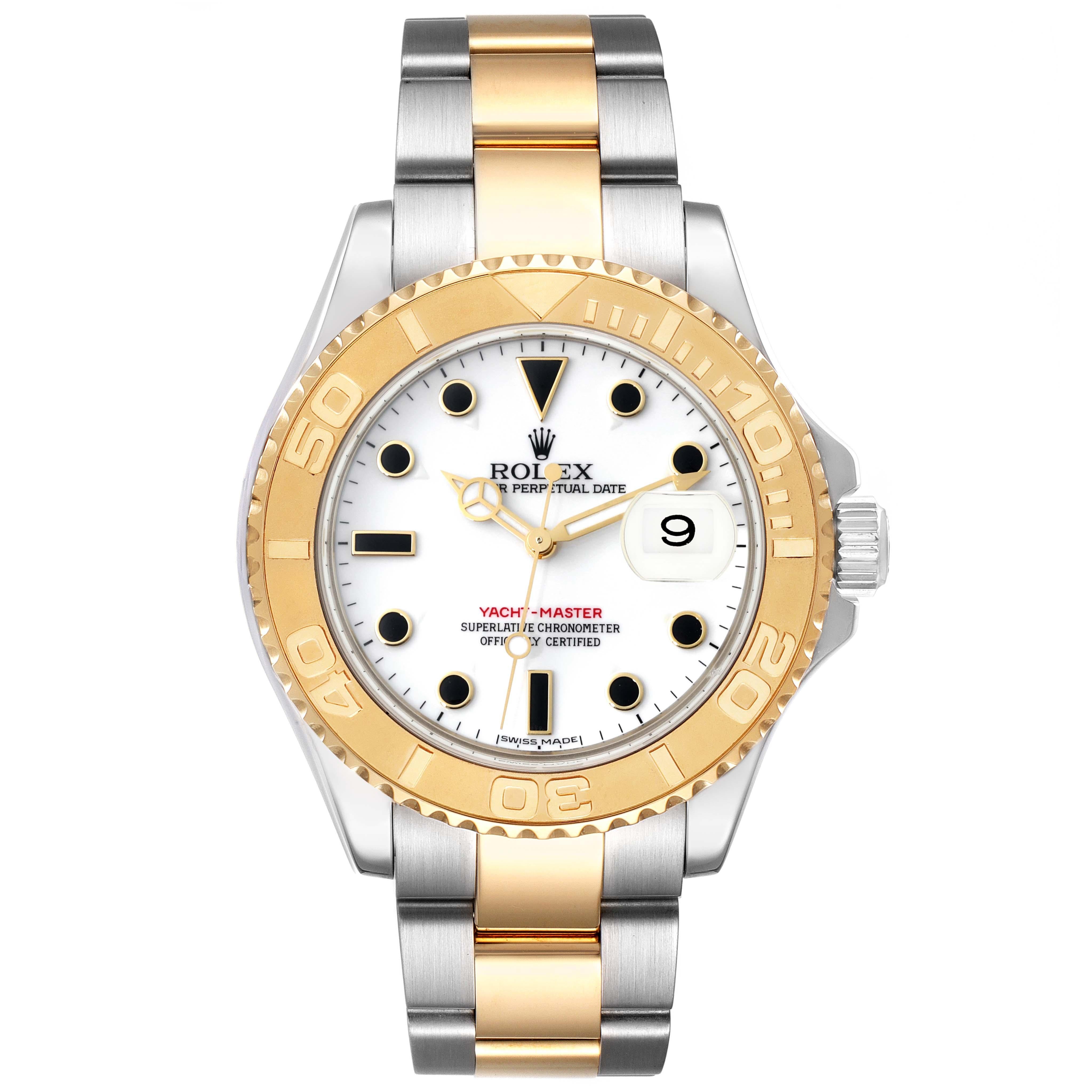Rolex Yachtmaster Steel Yellow Gold White Dial Mens Watch 16623 Box Card. Officially certified chronometer automatic self-winding movement. Stainless steel case 40.0 mm in diameter. Rolex logo on the crown. 18k yellow gold special time-lapse