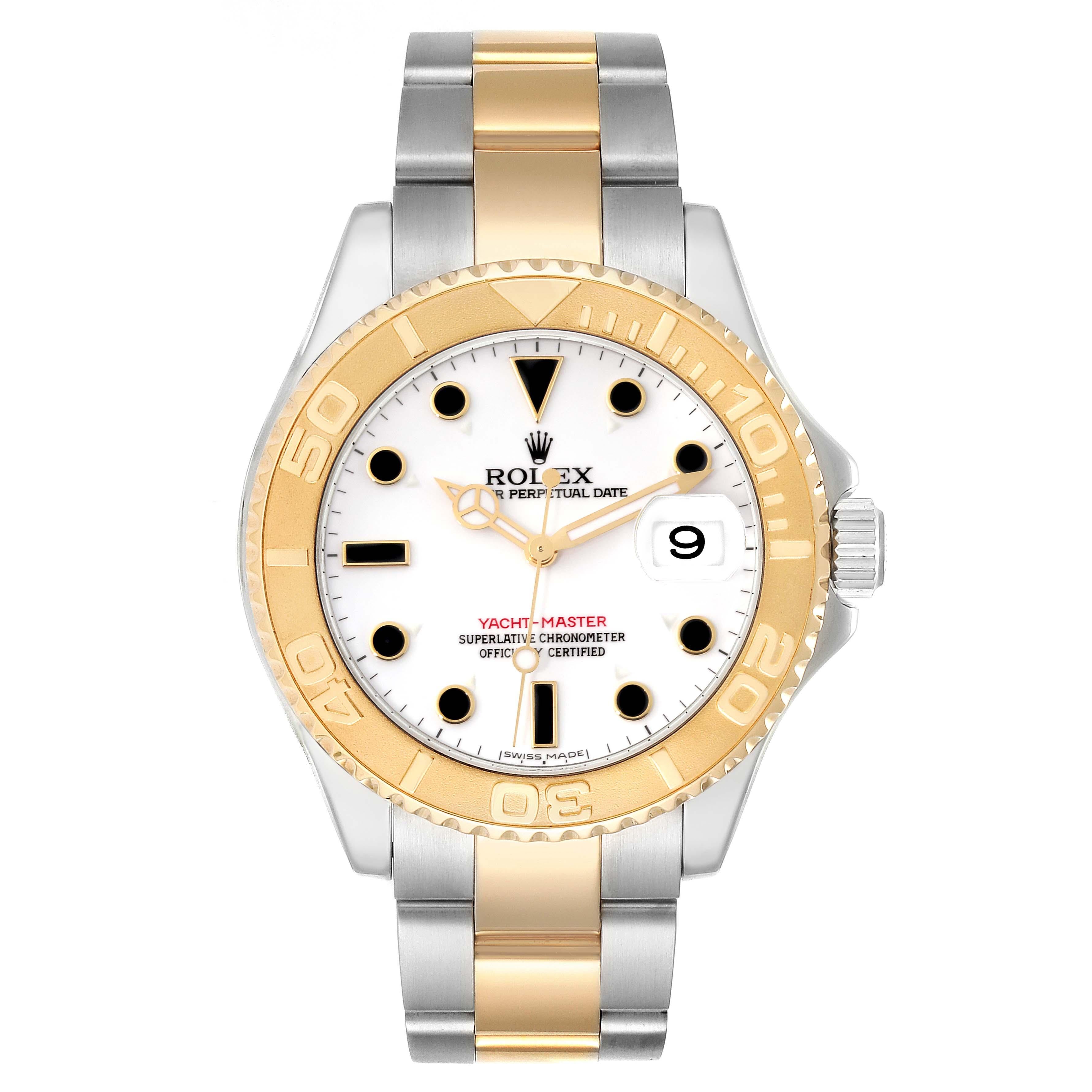 Rolex Yachtmaster Steel Yellow Gold White Dial Mens Watch 16623 Box Card. Officially certified chronometer automatic self-winding movement. Stainless steel case 40.0 mm in diameter. Rolex logo on the crown. 18k yellow gold special time-lapse