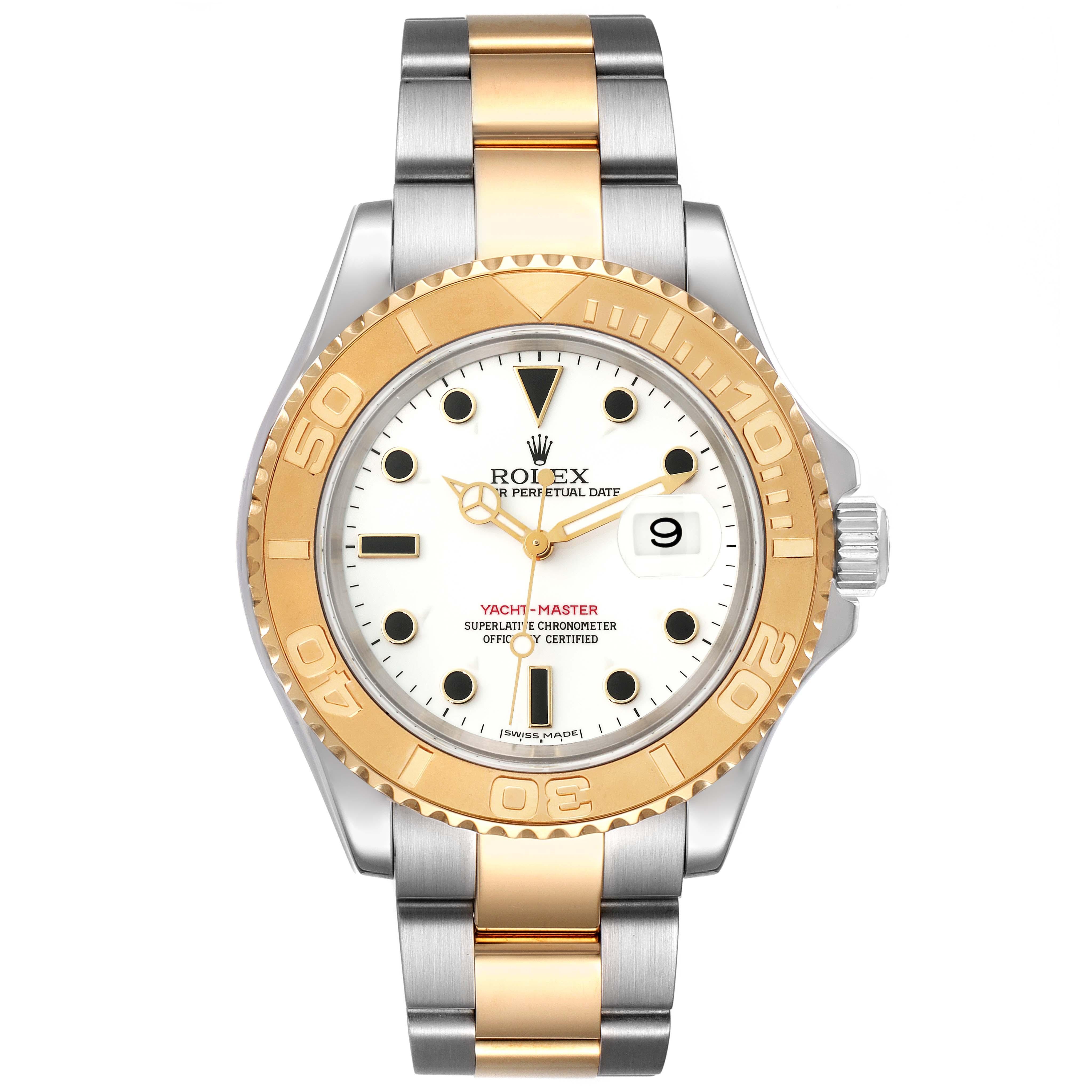 Rolex Yachtmaster Steel Yellow Gold White Dial Mens Watch 16623 Box Papers. Officially certified chronometer automatic self-winding movement. Stainless steel case 40.0 mm in diameter. Rolex logo on the crown. 18k yellow gold special time-lapse