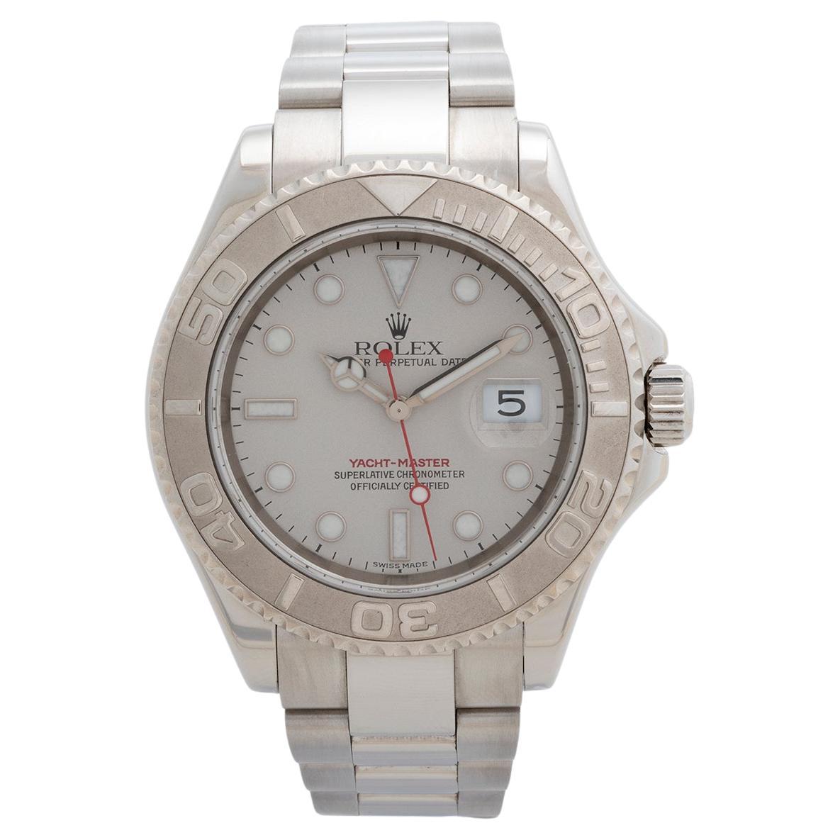 Our Rolex Yacht master reference 16622 features a 40mm stainless steel case, platinum bezel, platinum dust dial and stainless steel bracelet with flip lock clasp. This discontinued reference was the original Yachtmaster, and this example is
