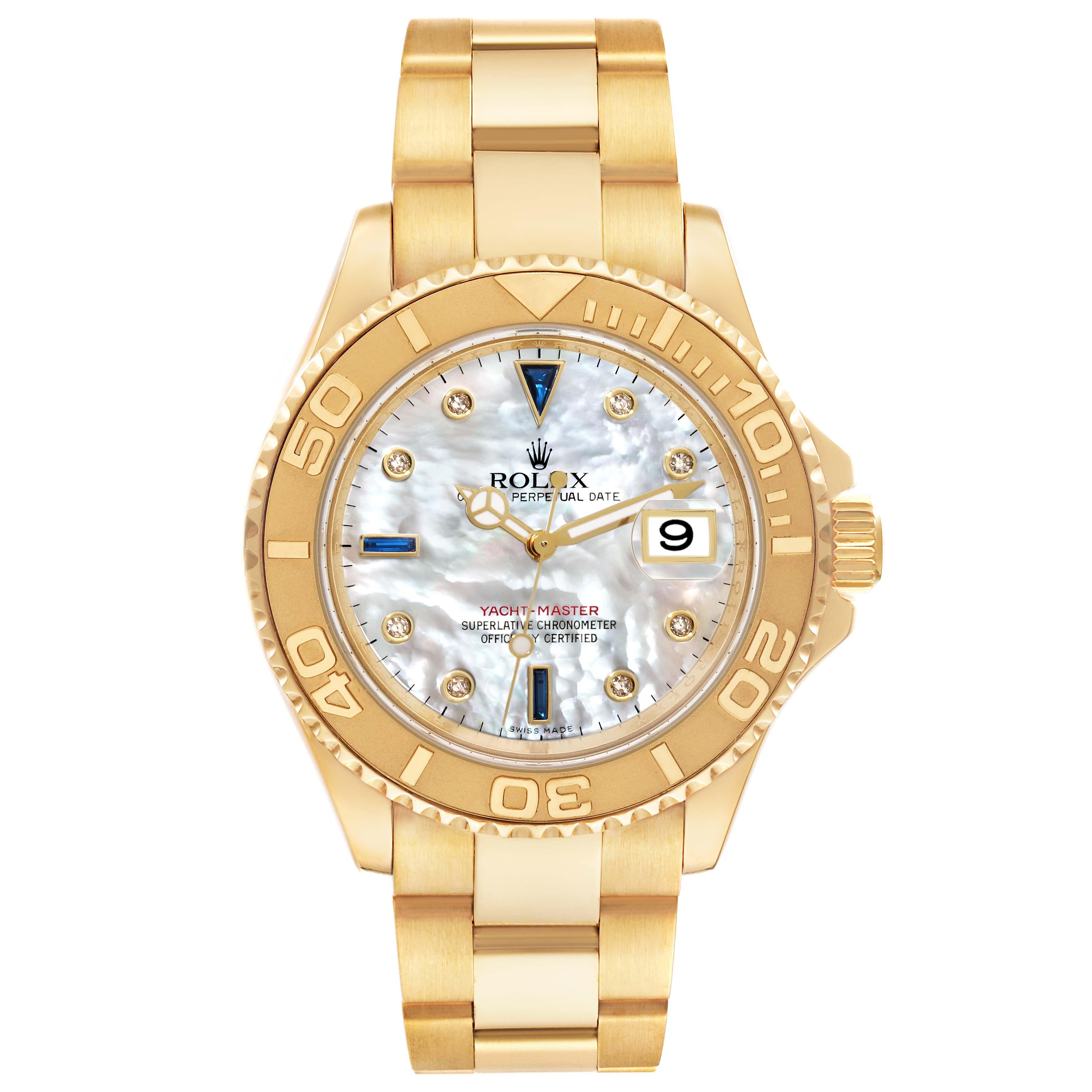 Rolex Yachtmaster Yellow Gold Mother of Pearl Diamond Sapphire Serti Mens Watch 16628. Mouvement automatique à remontage automatique, officiellement certifié chronomètre. Rhodié, décor œil-de-perdrix, échappement à ancre en ligne droite, balancier