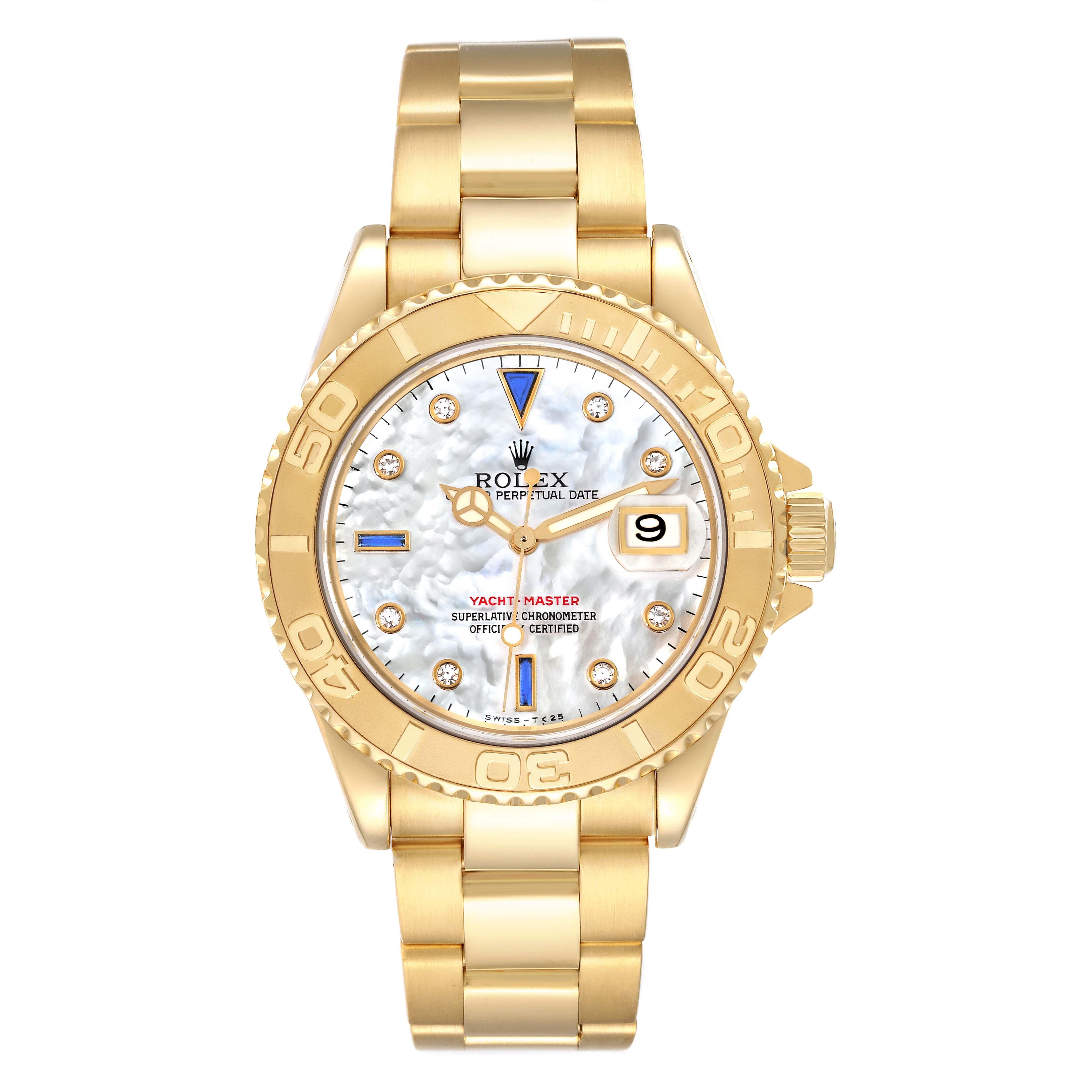 Men's Rolex Yachtmaster Yellow Gold Mother of Pearl Diamond Sapphire Serti Mens Watch