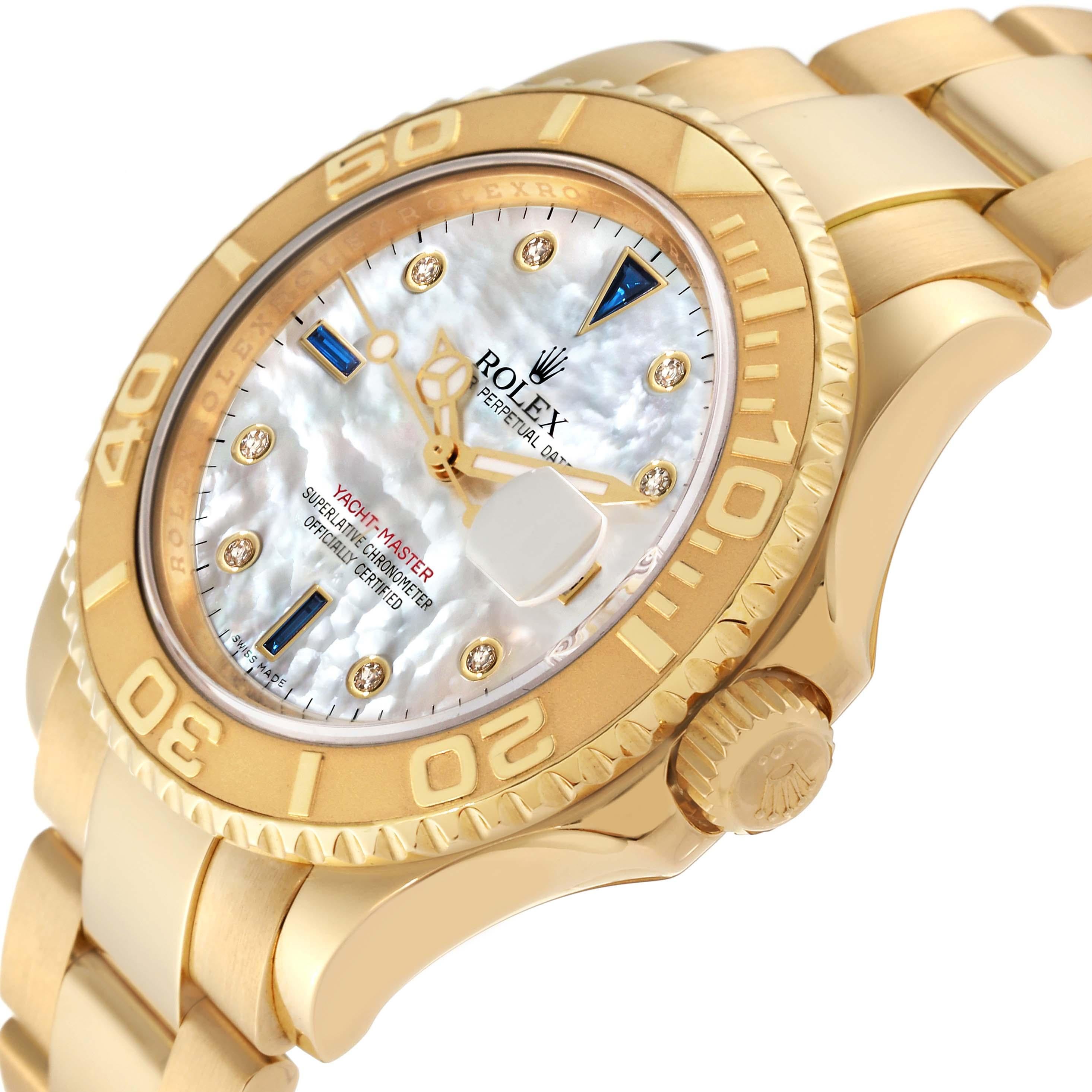 Men's Rolex Yachtmaster Yellow Gold Mother of Pearl Diamond Sapphire Serti Mens Watch For Sale