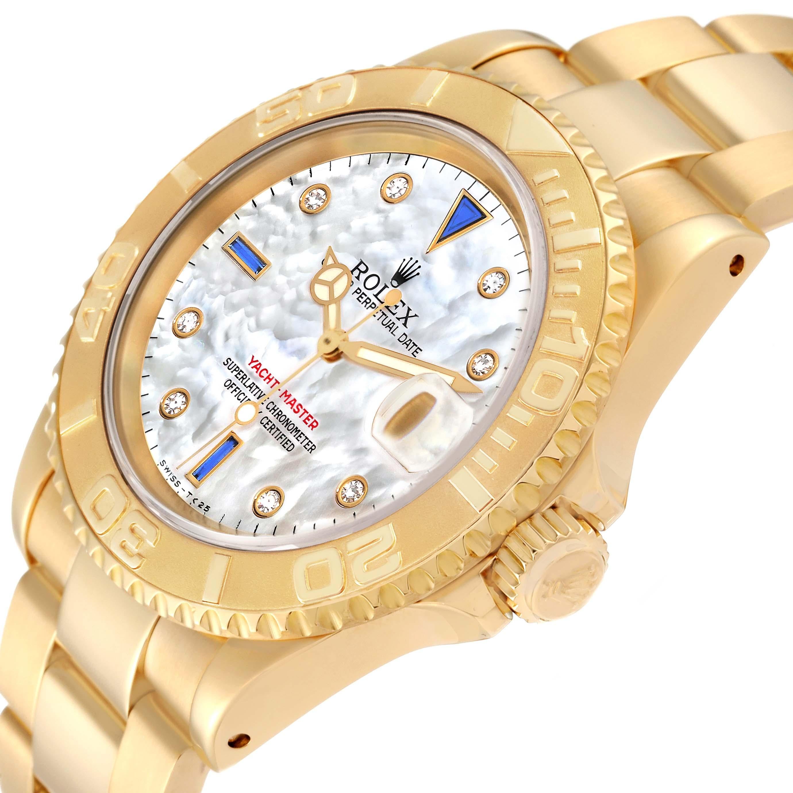 Rolex Yachtmaster Yellow Gold Mother of Pearl Diamond Sapphire Serti Mens Watch 3