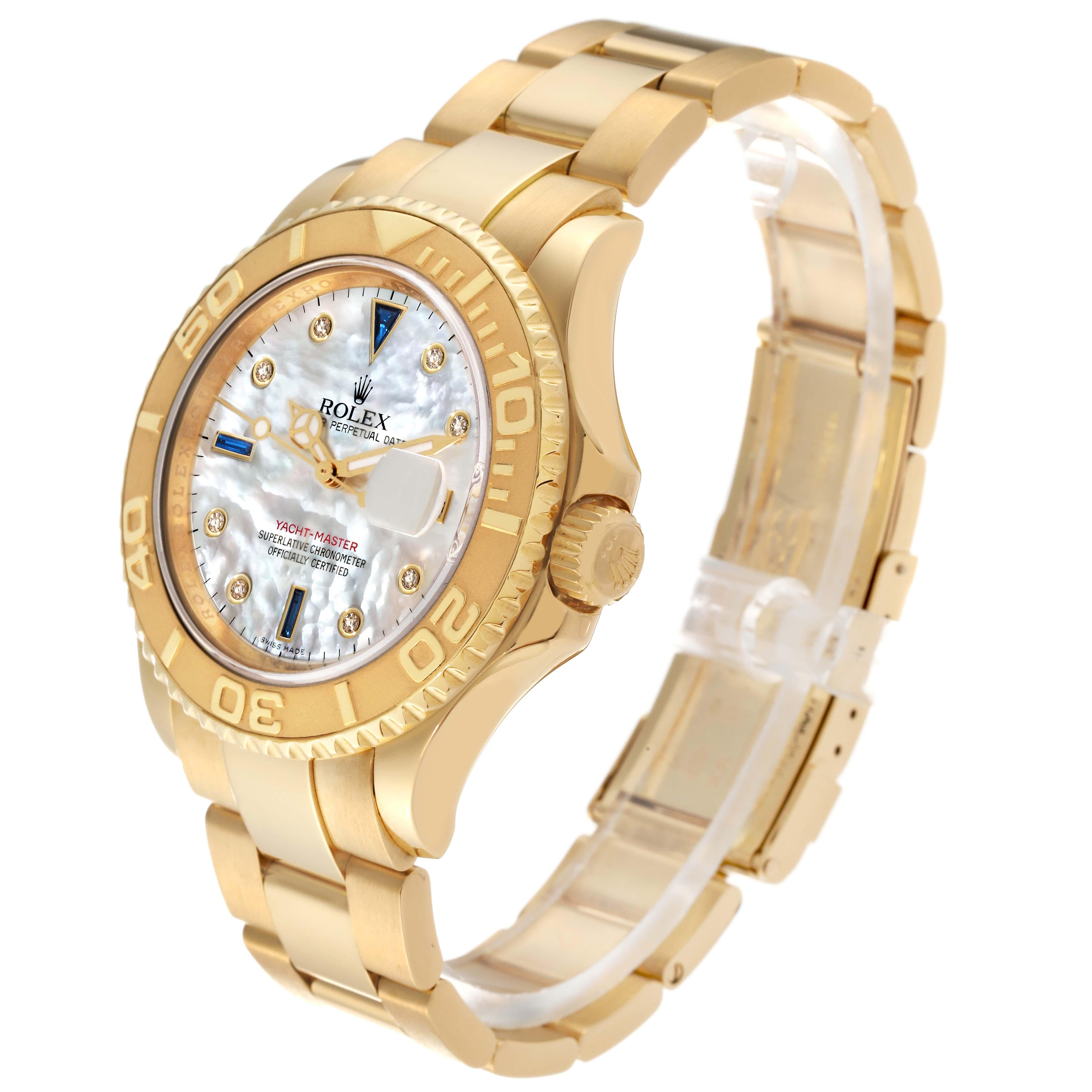Rolex Yachtmaster Yellow Gold Mother of Pearl Diamond Sapphire Serti Mens Watch For Sale 3