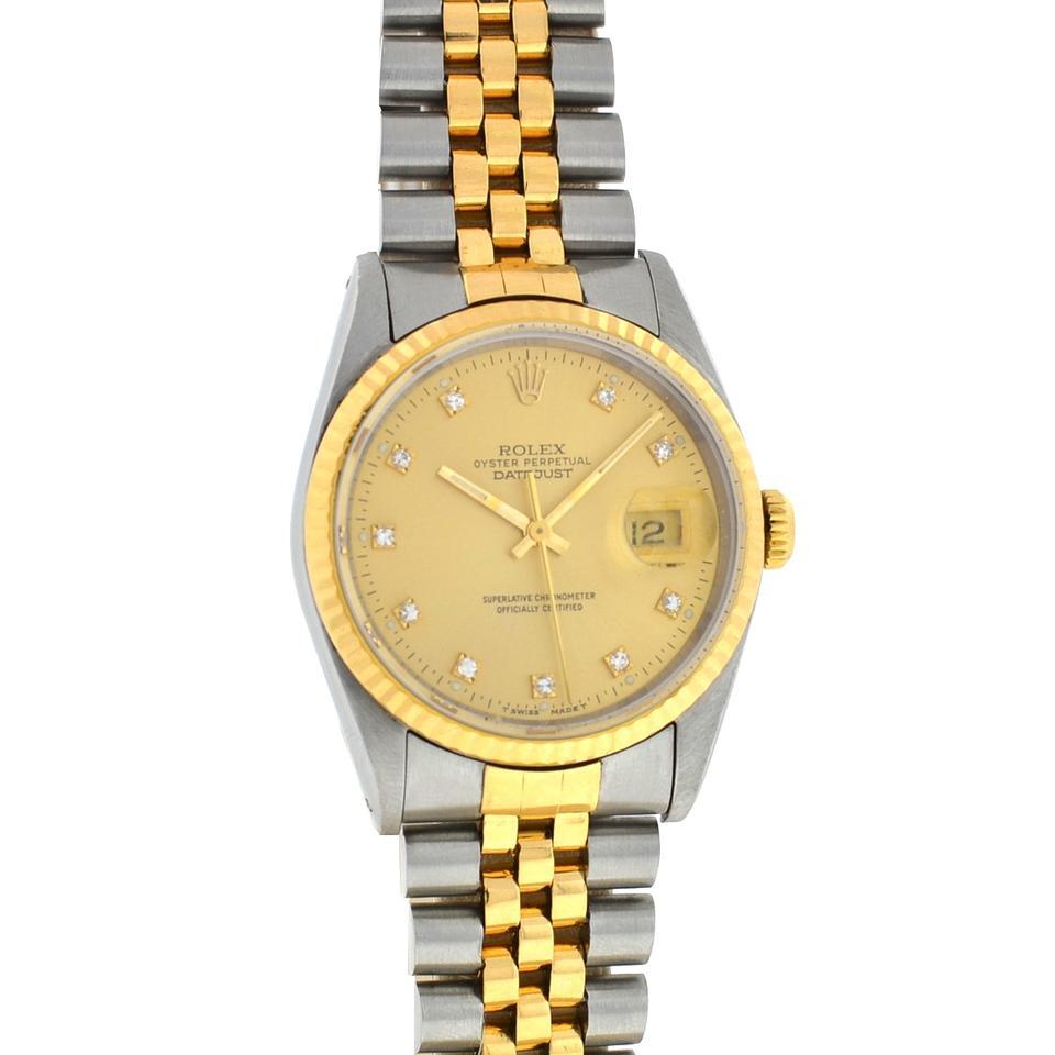 Company-Rolex
Style-Luxury- Dress
Model-Datejust
Reference Number-16233
Case Metal-Stainless Steel
Case Measurement-36 mm
Bracelet-Two tone Jubilee 
Dial-Champagne 
Bezel-18k Yellow Gold 
Crystal-Scratch Resistant Sapphire
Movement-Mechanical: