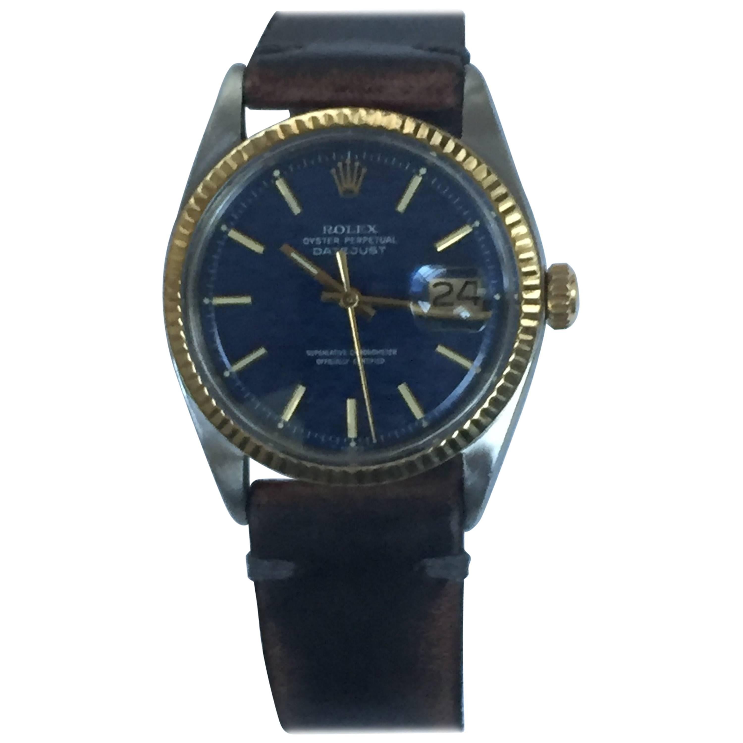 Rolex Yellow Gold and Stainless Steel Blue Wave Dial Datejust Wristwatch In Excellent Condition In New York, NY