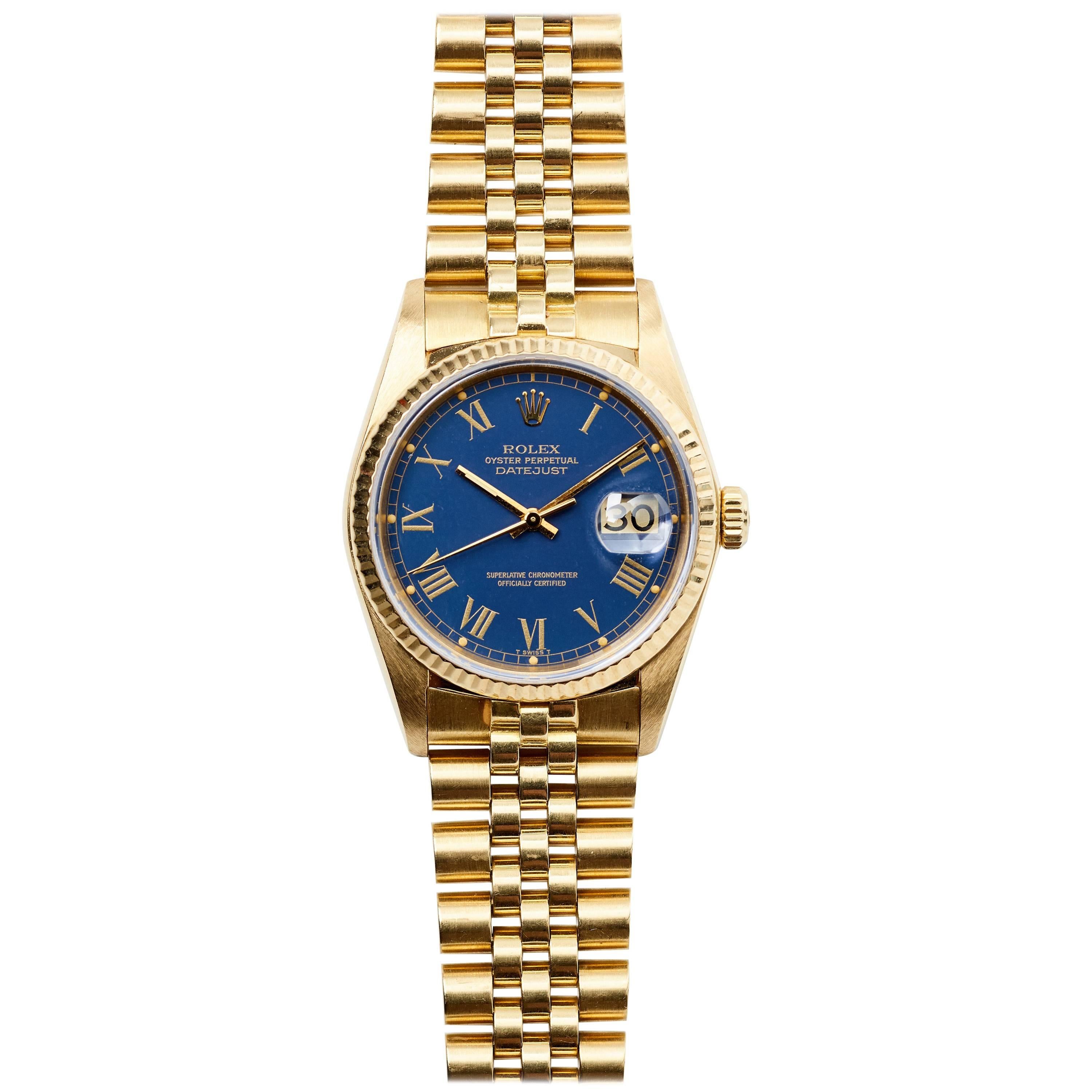 Rolex Yellow Gold Blue Buckley Dial Datejust Automatic Wristwatch, 1980s For Sale