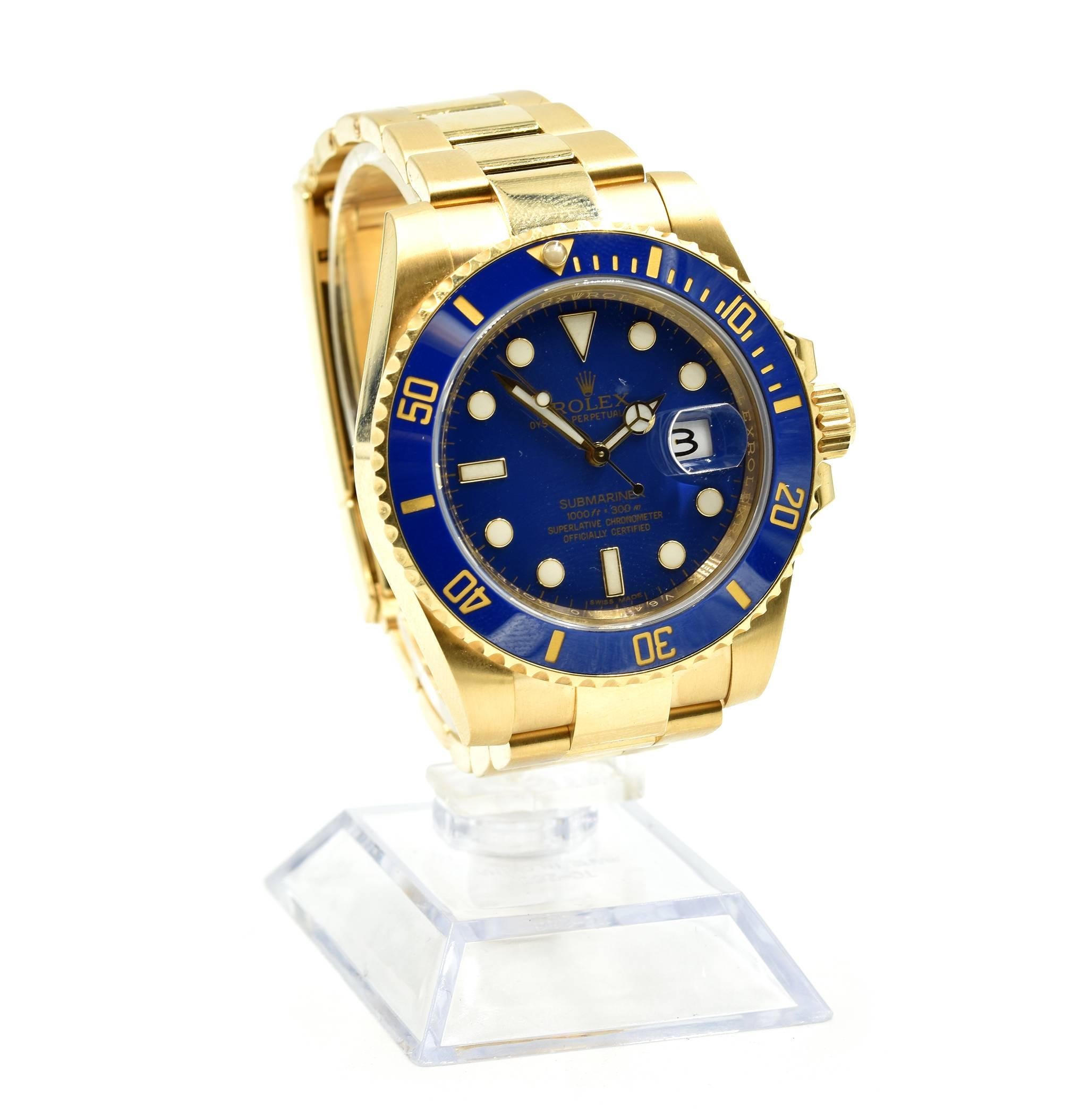 Movement: Swiss made Rolex caliber 3135 automatic movement
Function: hours, minutes, seconds, date
Case: round 40mm stainless steel case with blue ceramic 18k yellow gold diving bezel, sapphire protective crystal, screw-down crown, water resistant