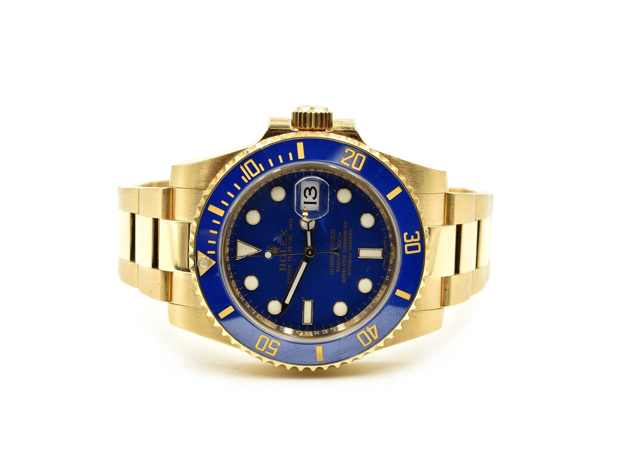 Rolex Yellow Gold Blue Ceramic Submariner automatic Wristwatch Ref 116618LB In Excellent Condition In Scottsdale, AZ