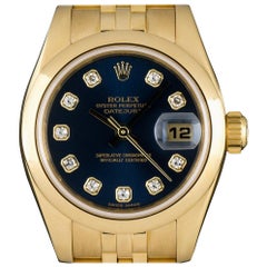 Rolex Yellow Gold Blue Diamond Dial Datejust 179168 Automatic Ladies Wristwatch