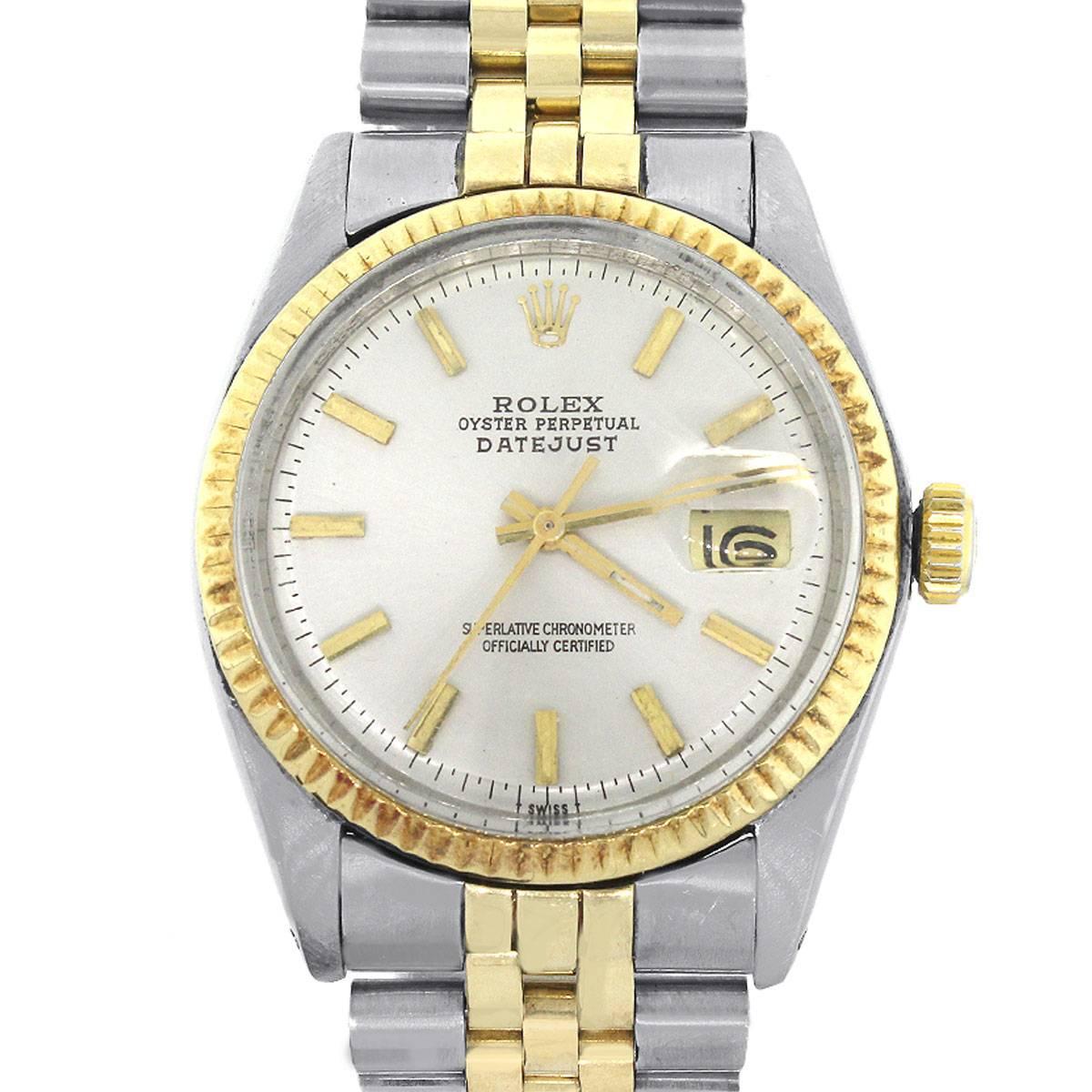 Brand: Rolex
MPN: 1160
Model: Date Just
Case Material: 14k yellow gold
Case Diameter: 34mm
Crystal: Plastic
Bezel: 14k yellow gold fluted Bezel
Dial: Silvered pie pan dial with gold stick hour markers and gold hands, date displayed at 3