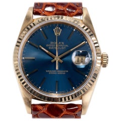 Retro Rolex Yellow Gold Datejust Blue Dial Wristwatch Ref 16238