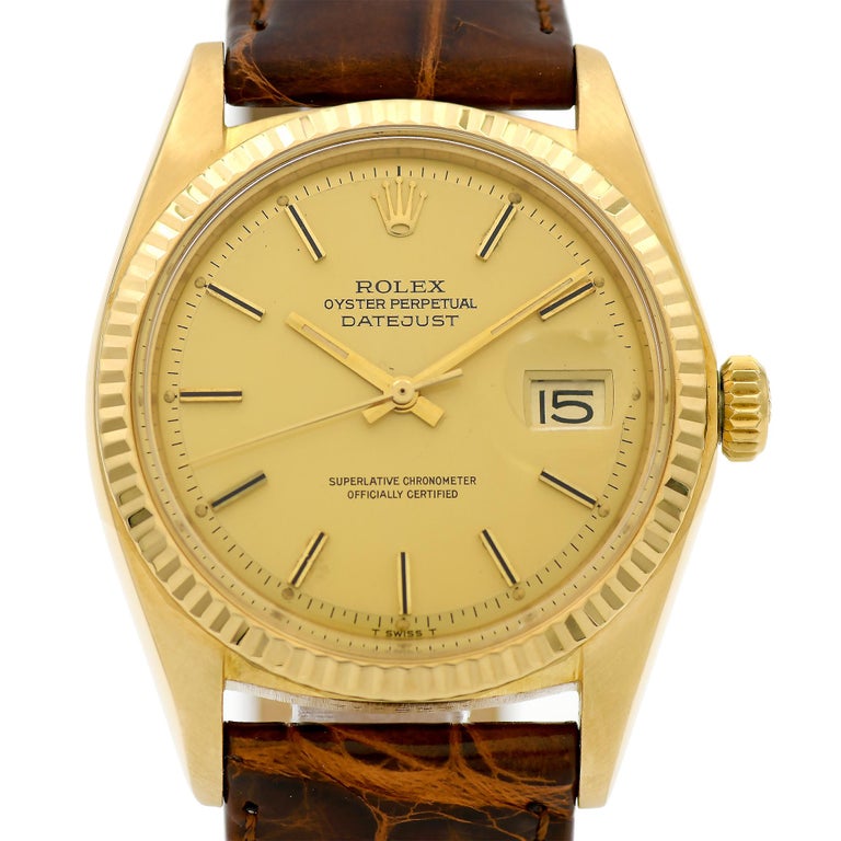 Rolex Yellow Gold Datejust Pie Pan Dial Automatic Wristwatch Ref 1601 at  1stDibs