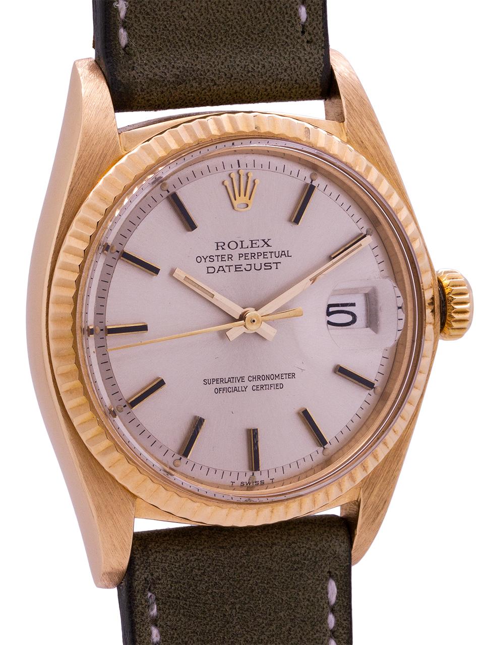 
Vintage Rolex 18K YG Datejust ref# 1601 serial number 3.4 million circa 1972. Featuring a 36mm diameter Oyster case with fluted bezel, acrylic crystal and signed screw down crown. With exceptionally clean, original silvered satin dial with applied