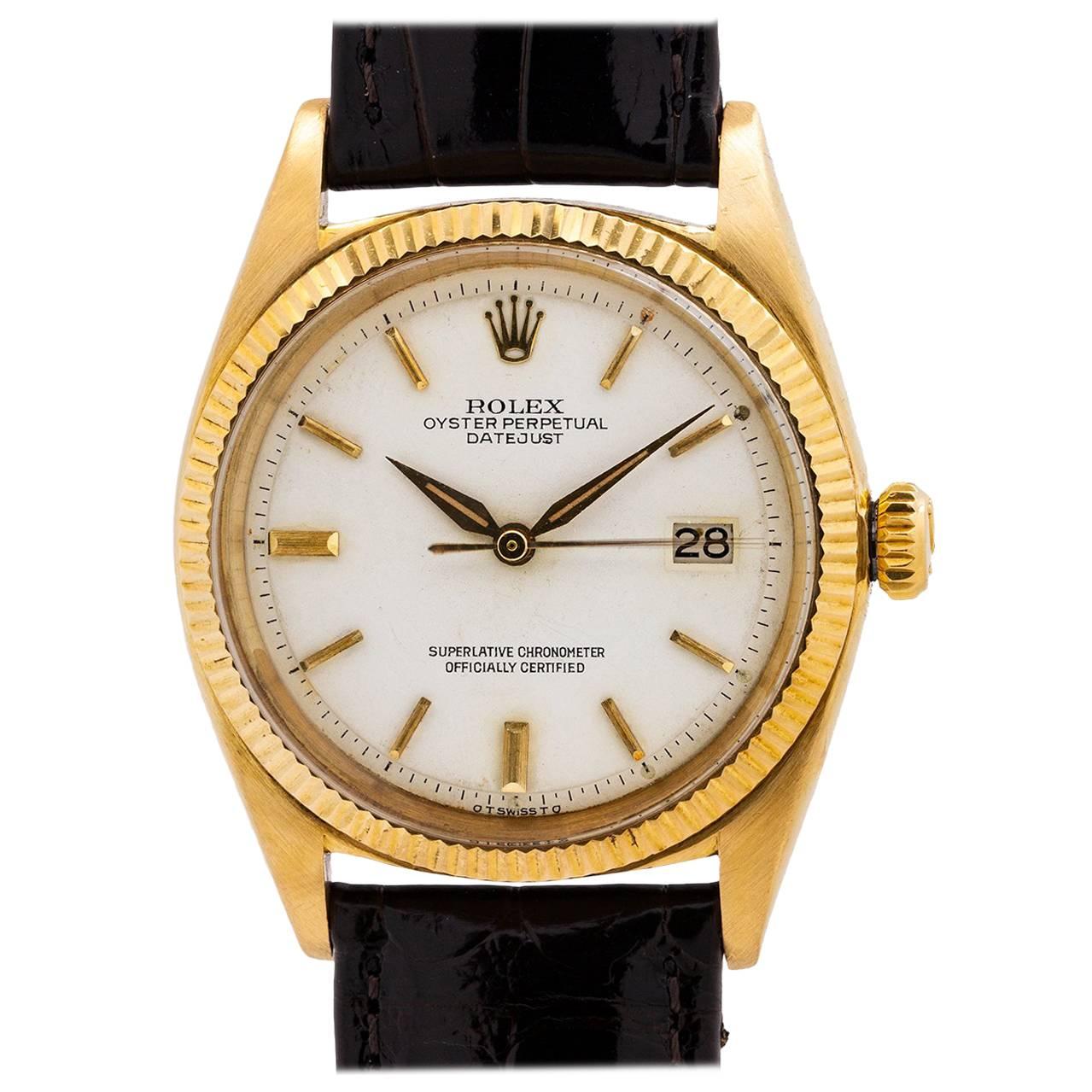 Rolex Yellow Gold Datejust White Dial Self Winding Wristwatch Ref 1601