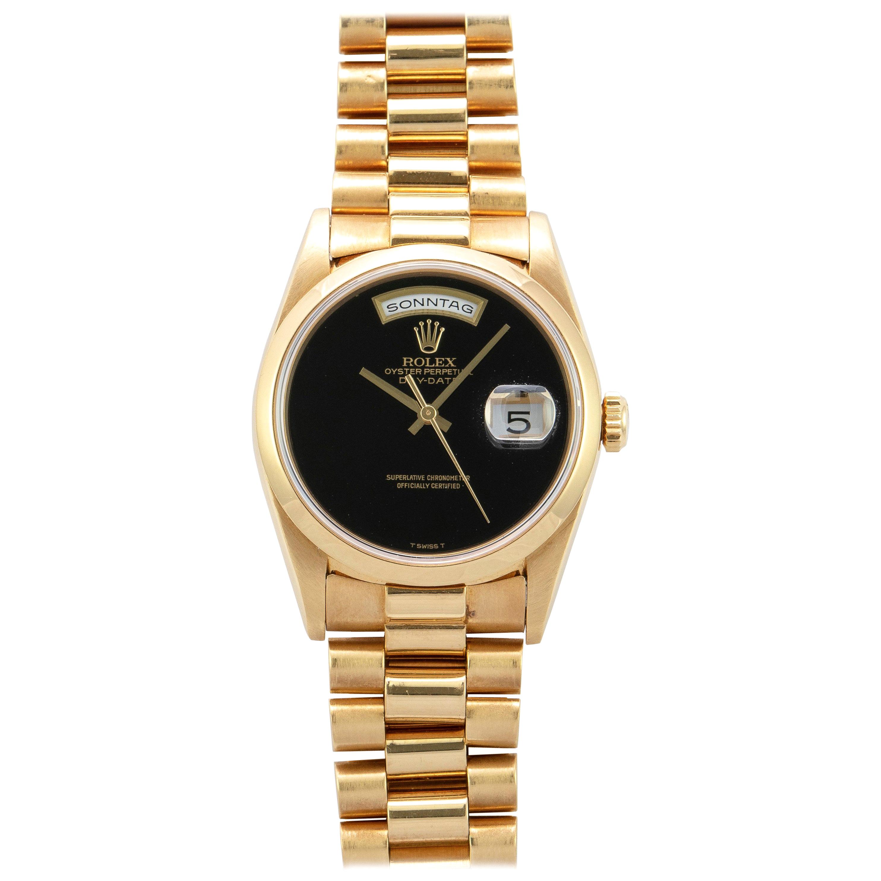 Rolex Yellow Gold Day-Date Black Onyx Dial President Wristwatch, 1990s For Sale