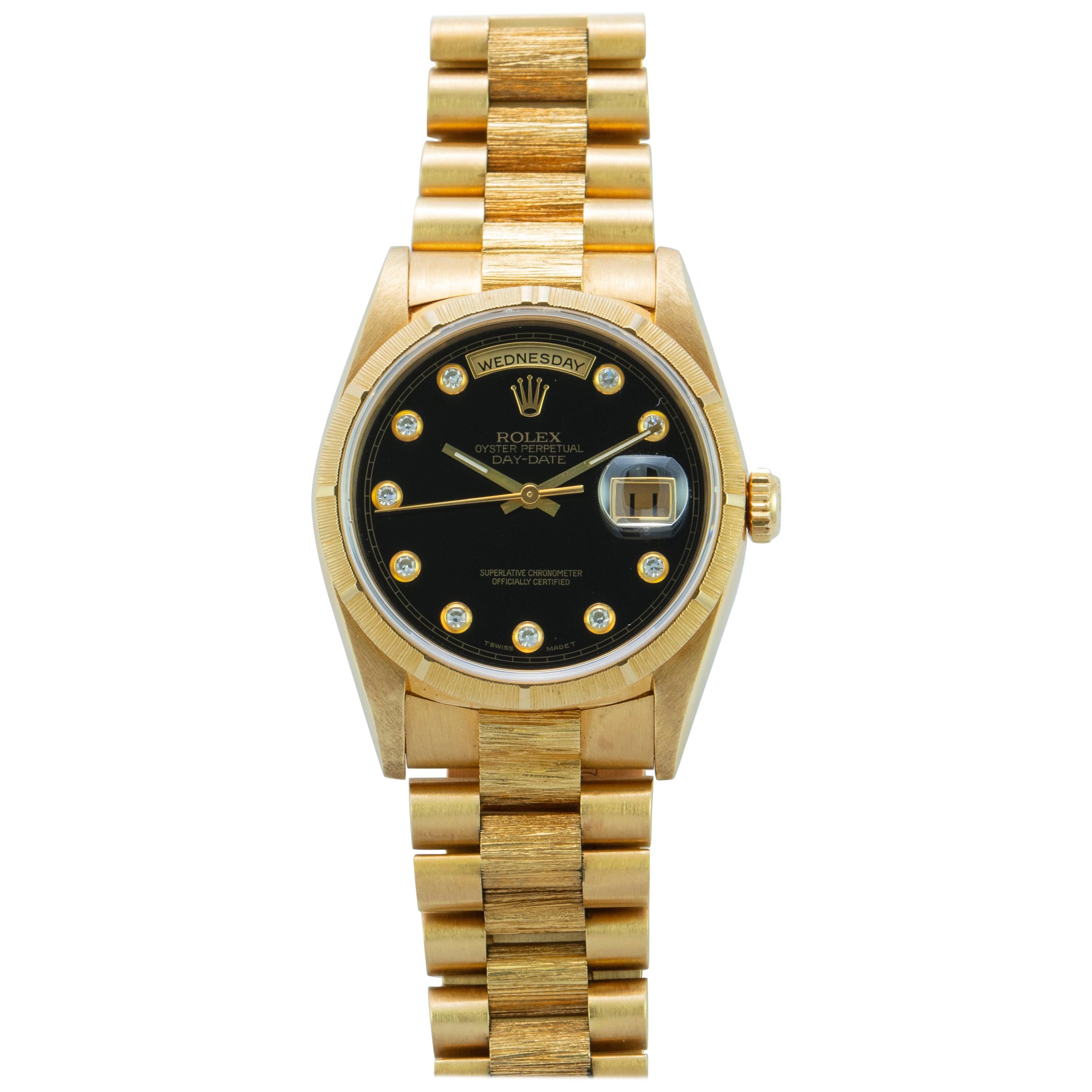 Rolex Yellow Gold Day-Date Black Onyx Serti Dial President Watch, Box and Papers For Sale 1