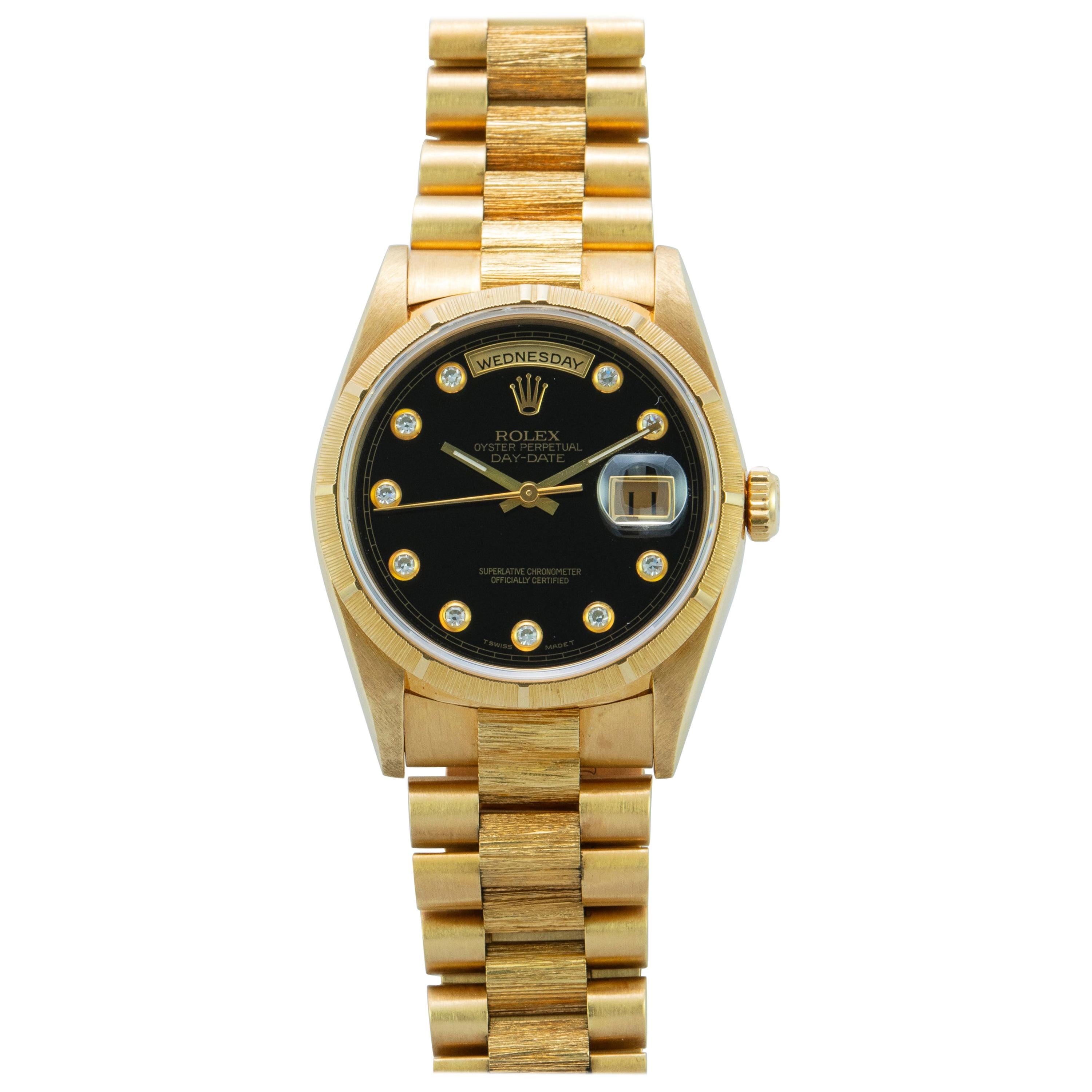 Rolex Yellow Gold Day-Date Black Onyx Serti Dial President Watch, Box and Papers For Sale