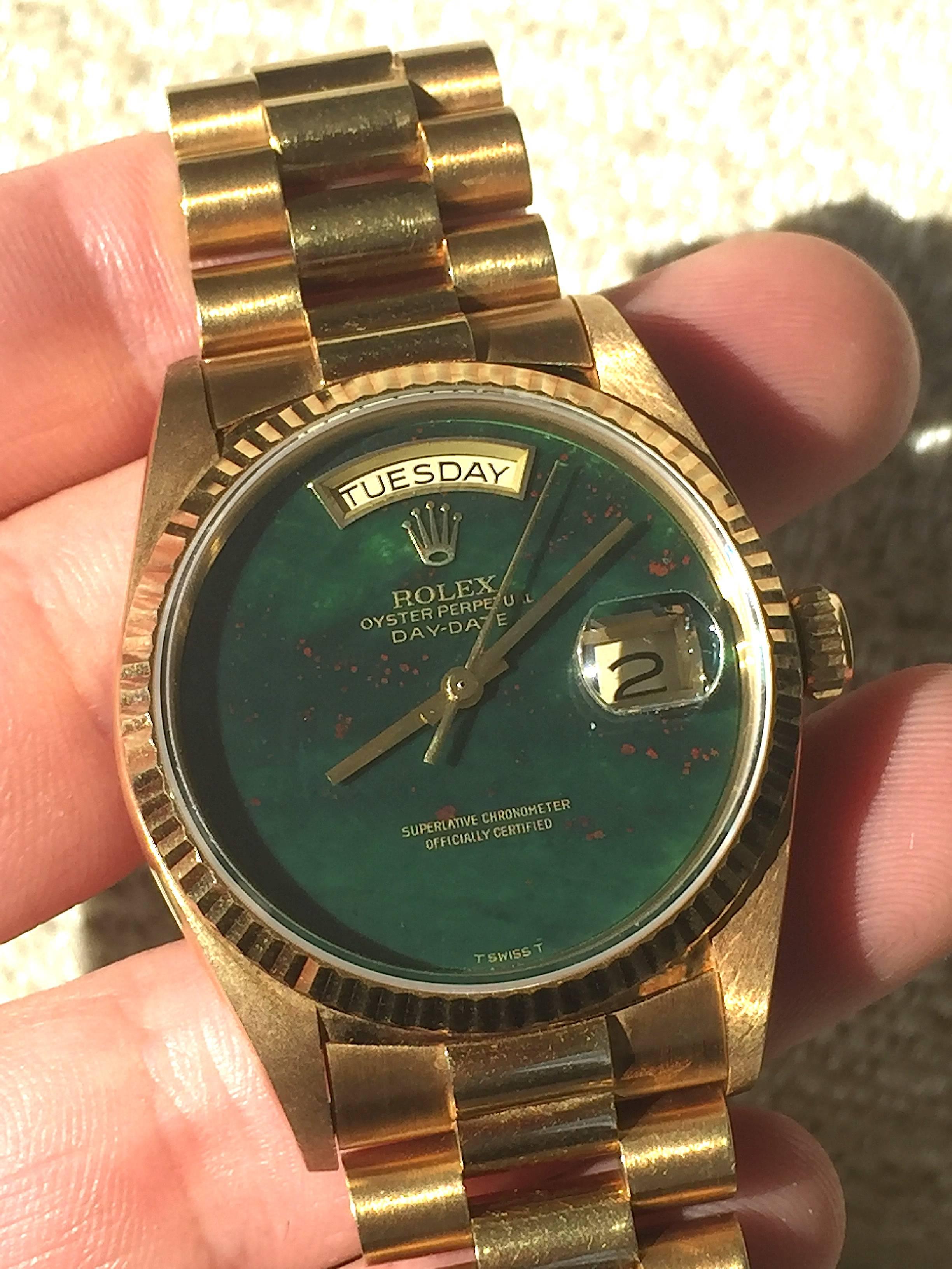 Rolex Yellow Gold Day-Date Bloodstone Dial President Wristwatch with Papers In Excellent Condition In New York, NY