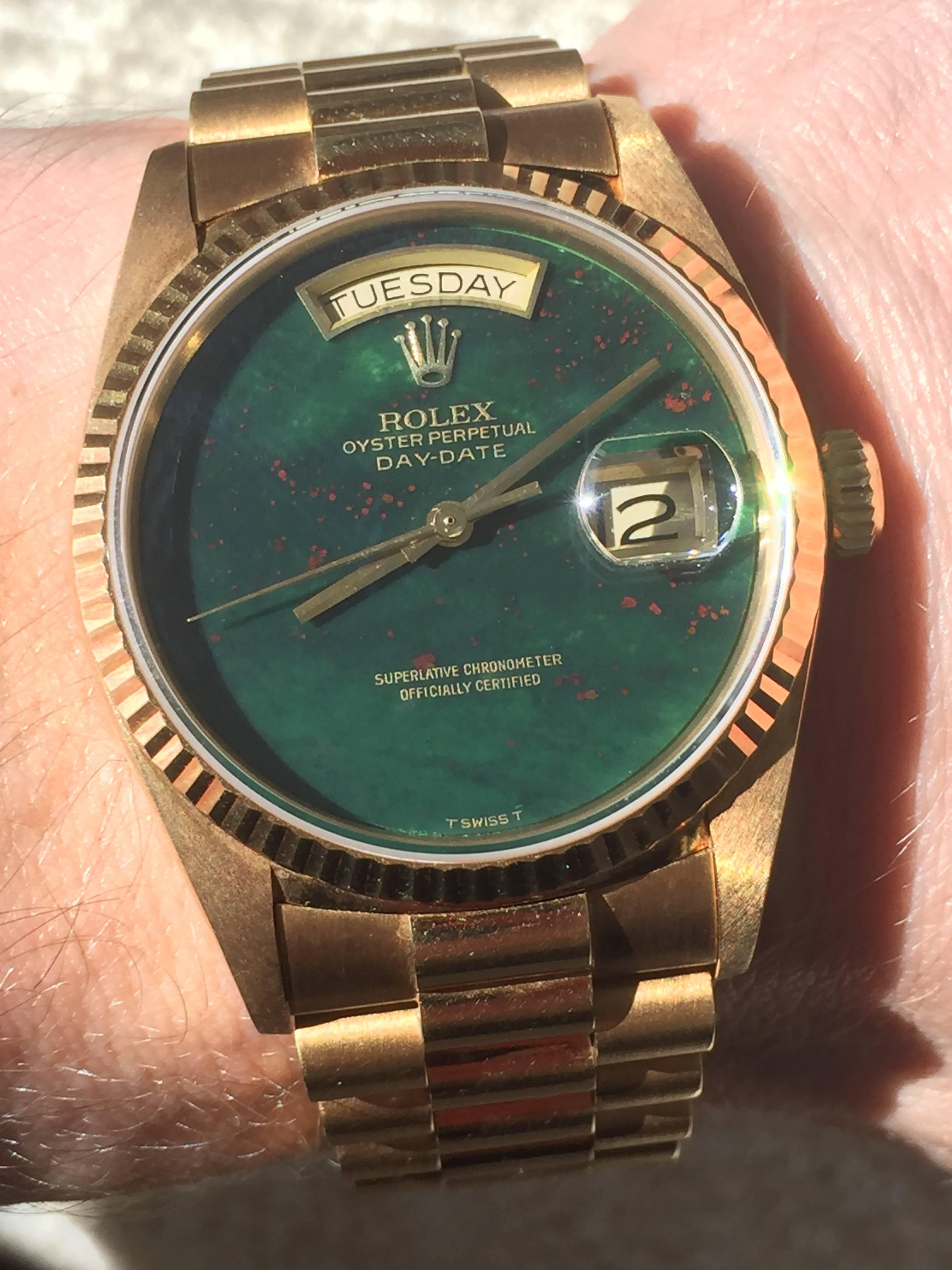 Women's or Men's Rolex Yellow Gold Day-Date Bloodstone Dial President Wristwatch with Papers 