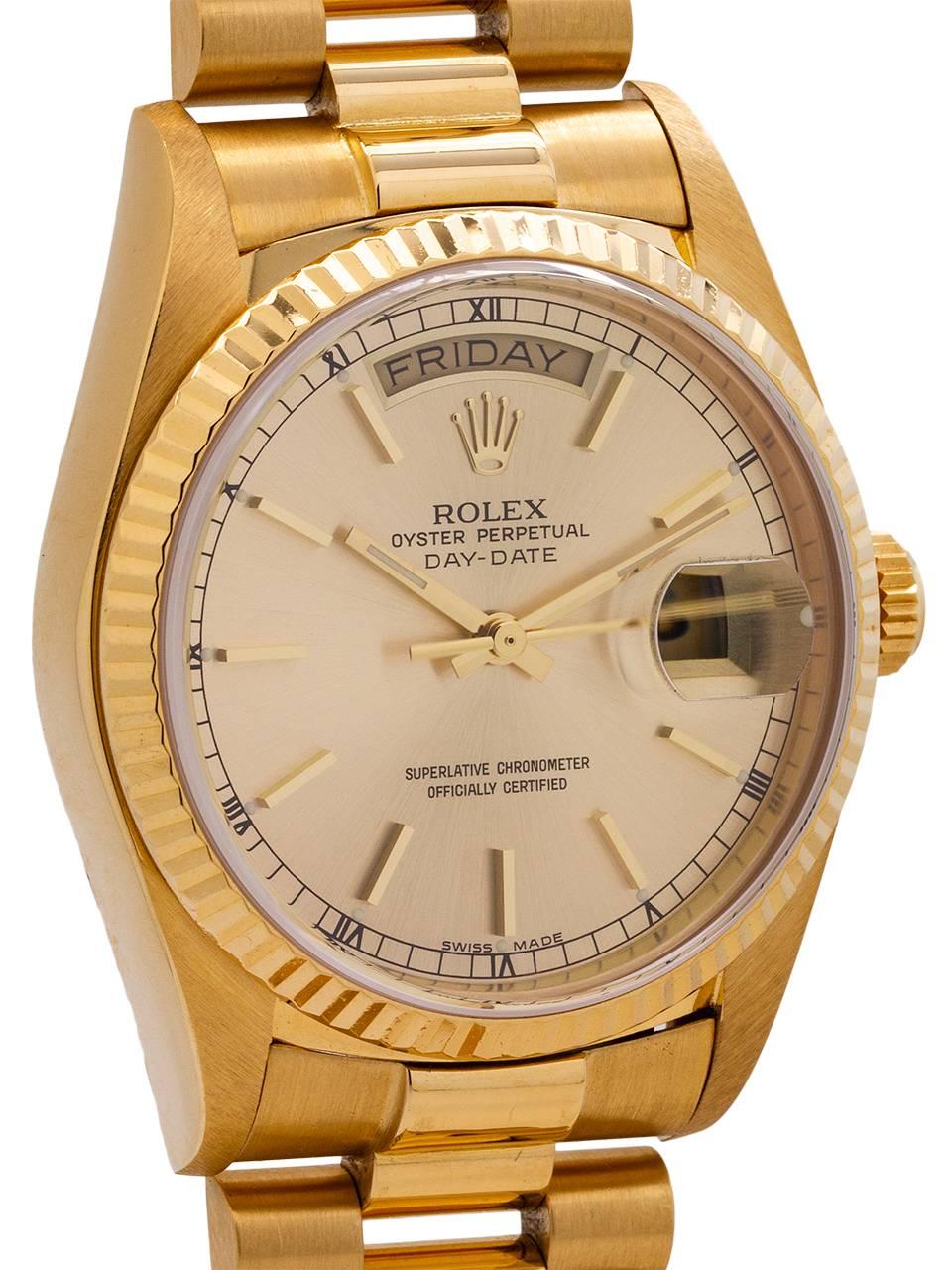 Rolex Yellow Gold Day Date President Self-Winding Wristwatch Ref 18038 In Excellent Condition In West Hollywood, CA