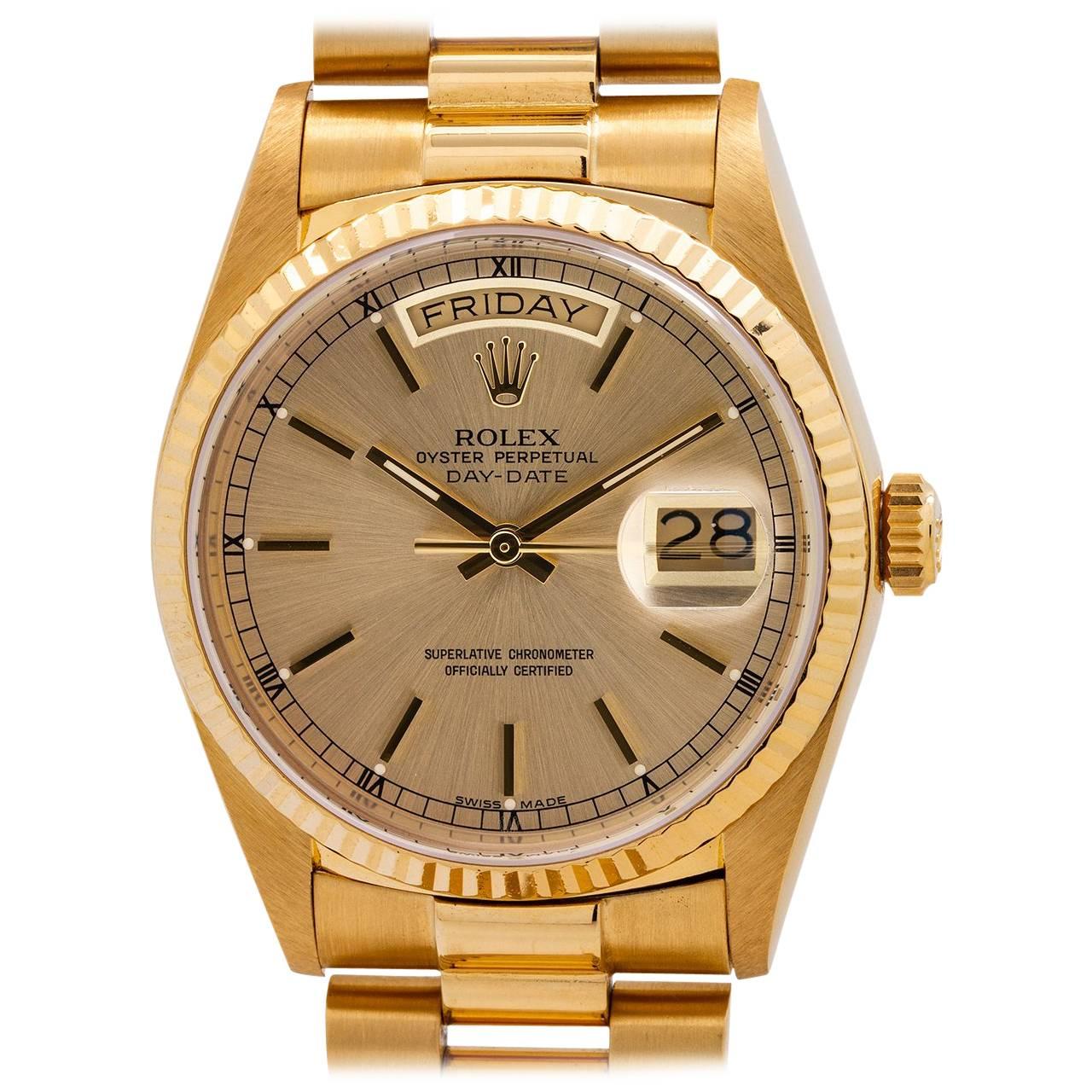 Rolex Yellow Gold Day Date President Self-Winding Wristwatch Ref 18038