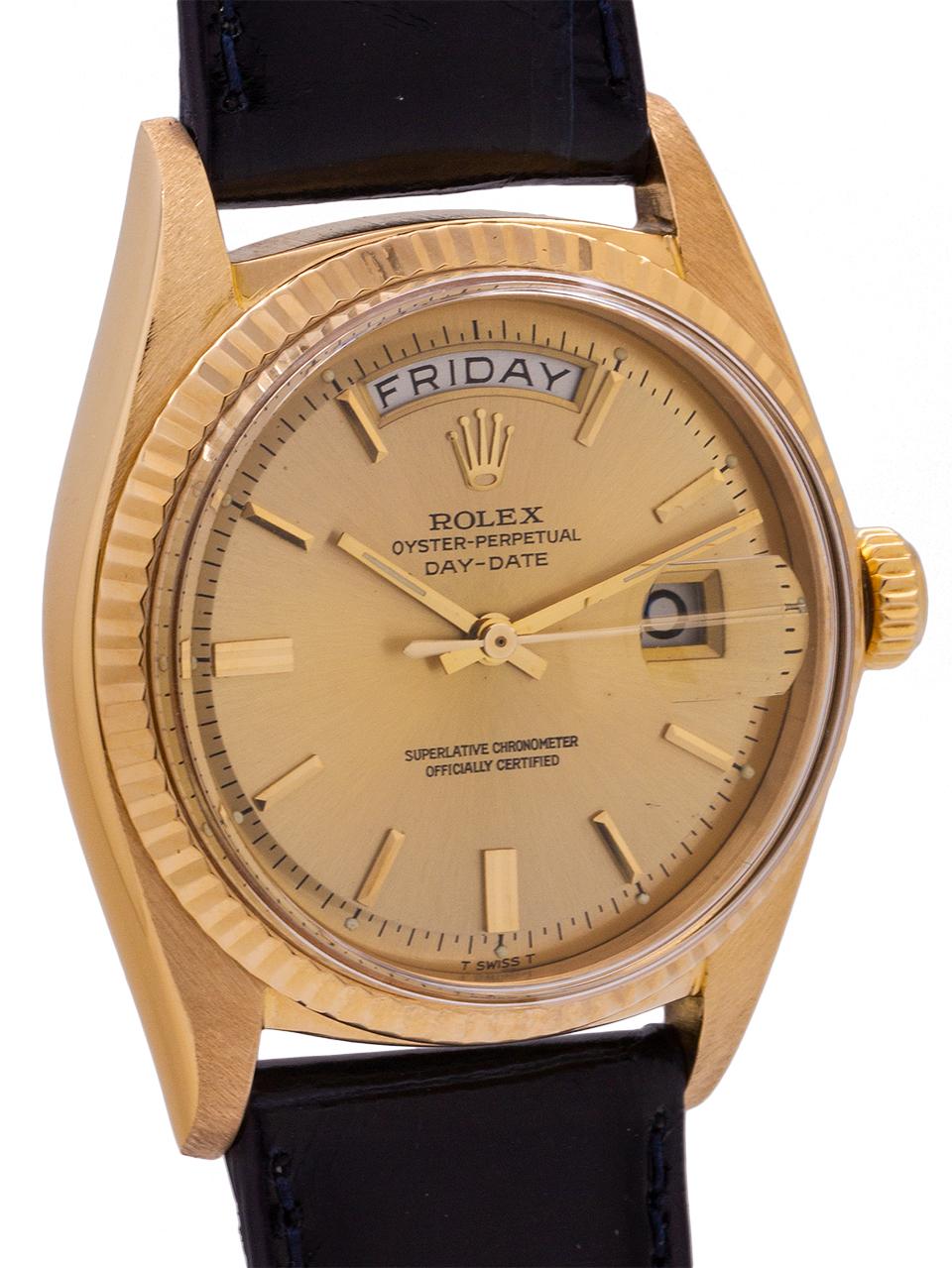 An exceptionally pleasing example Rolex Day Date ref 1803 in 18k yellow gold, serial # 2.4 million circa 1968. Very nice condition 36mm diameter full size man's model with acrylic crystal and with very clean fluted bezel with very pleasing original,