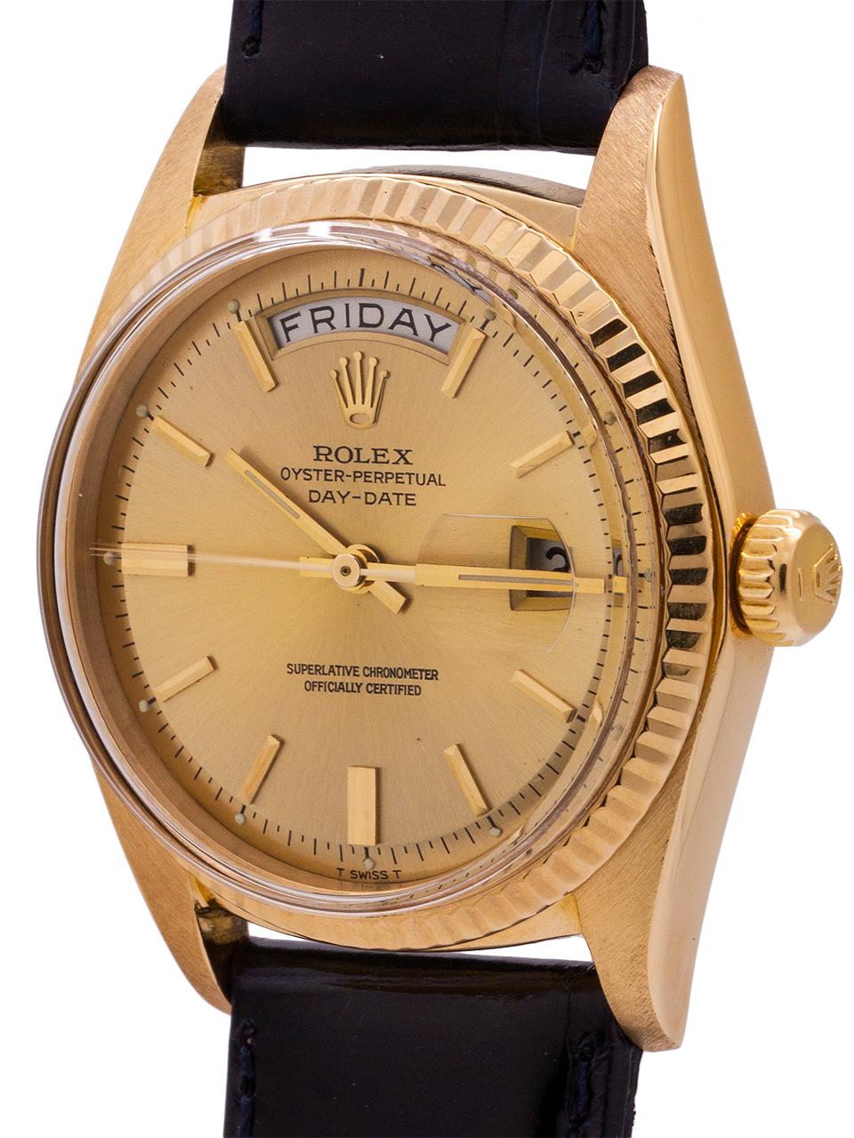 Rolex Yellow Gold Day Date self winding wristwatch Ref 1803, circa 1968 In Excellent Condition In West Hollywood, CA