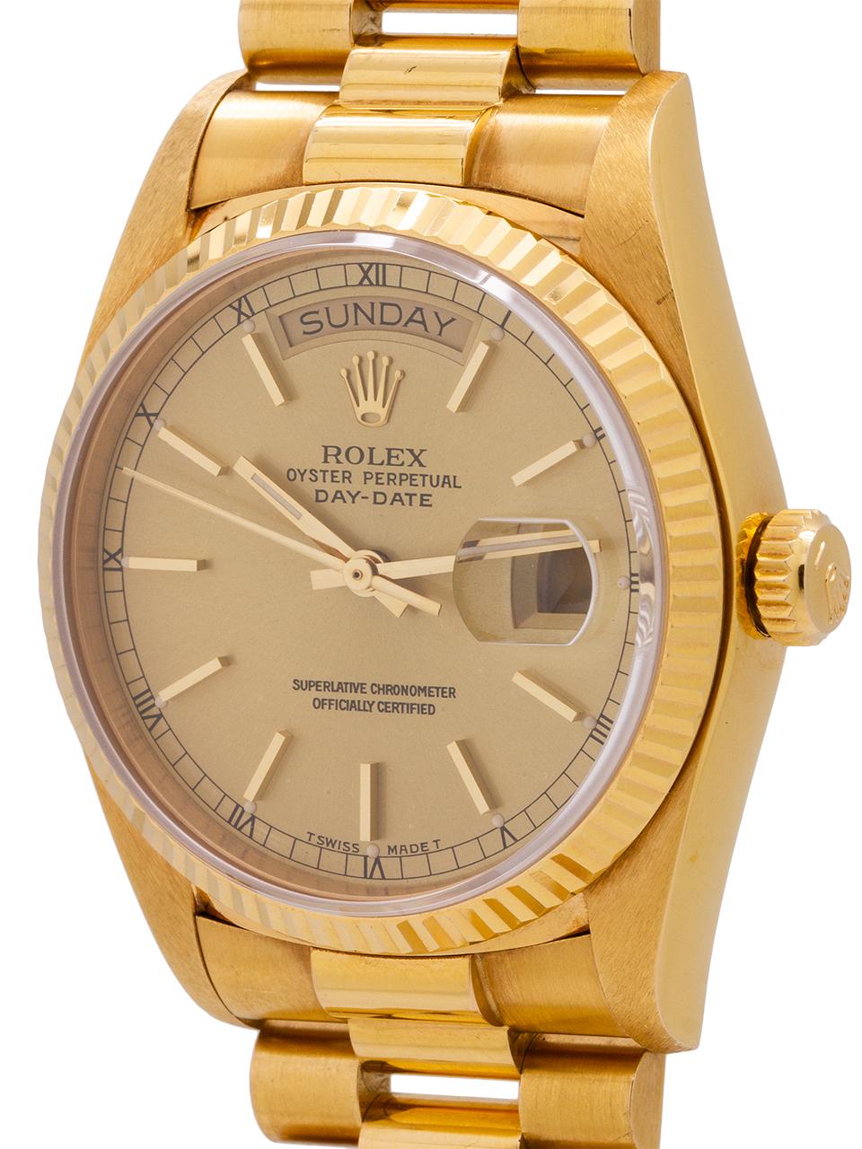 Rolex Yellow Gold Day Date self winding Wristwatch Ref 18038, circa 1987 In Excellent Condition In West Hollywood, CA