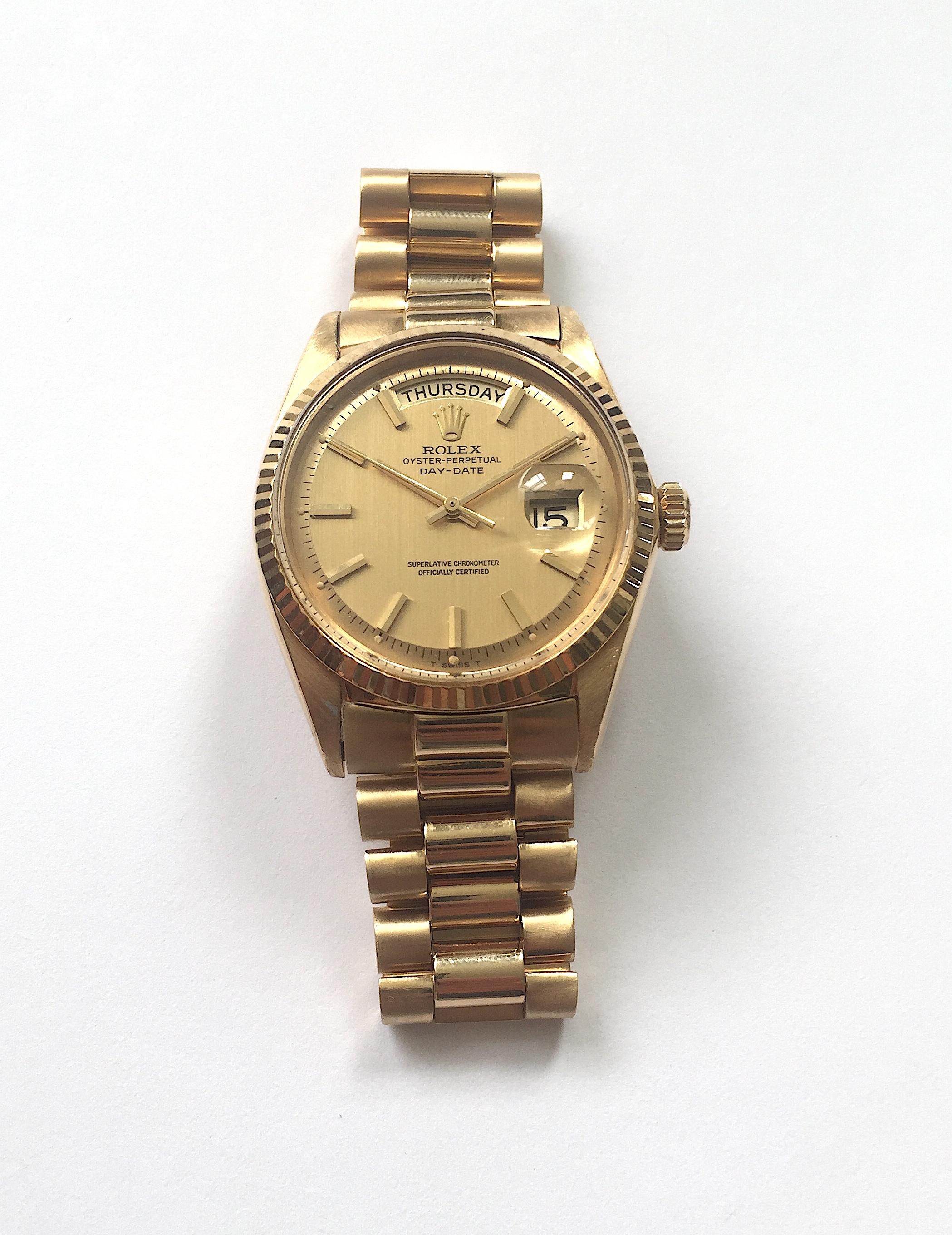 Women's or Men's Rolex Yellow Gold Day Date Shantung Dial Automatic Wristwatch 