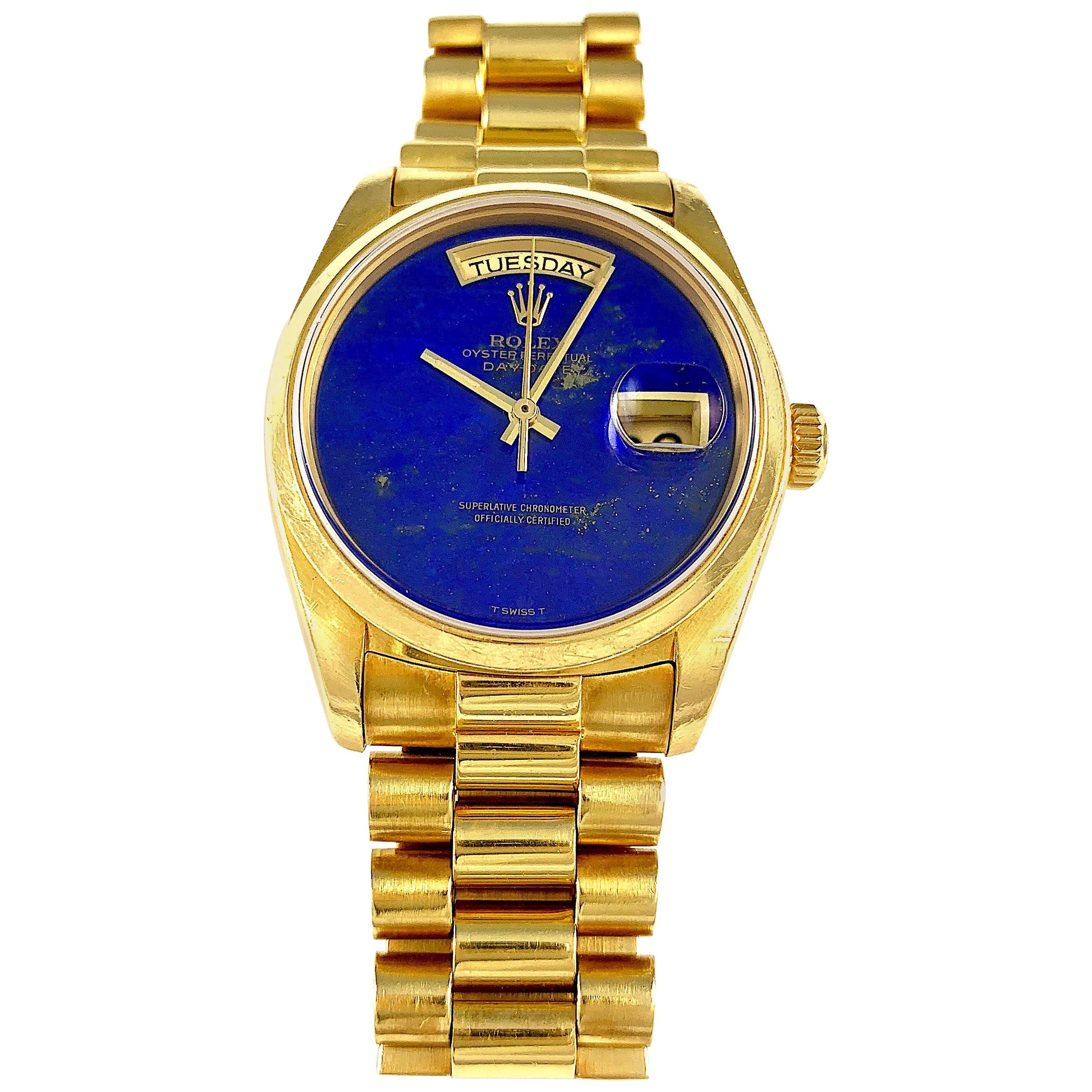 Rolex Yellow Gold Day-Date Smooth Bezel Lapis Lazuli Dial President Wristwatch For Sale