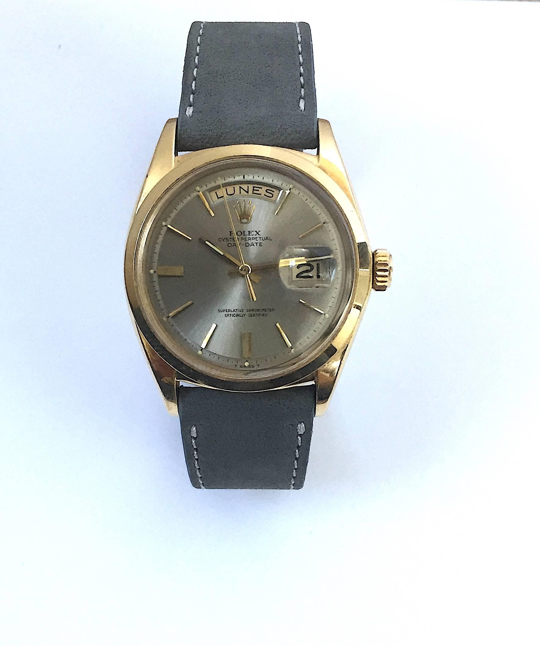 Rolex Yellow Gold Day Date Taupe Dial Automatic Wristwatch, 1960s In Excellent Condition In New York, NY
