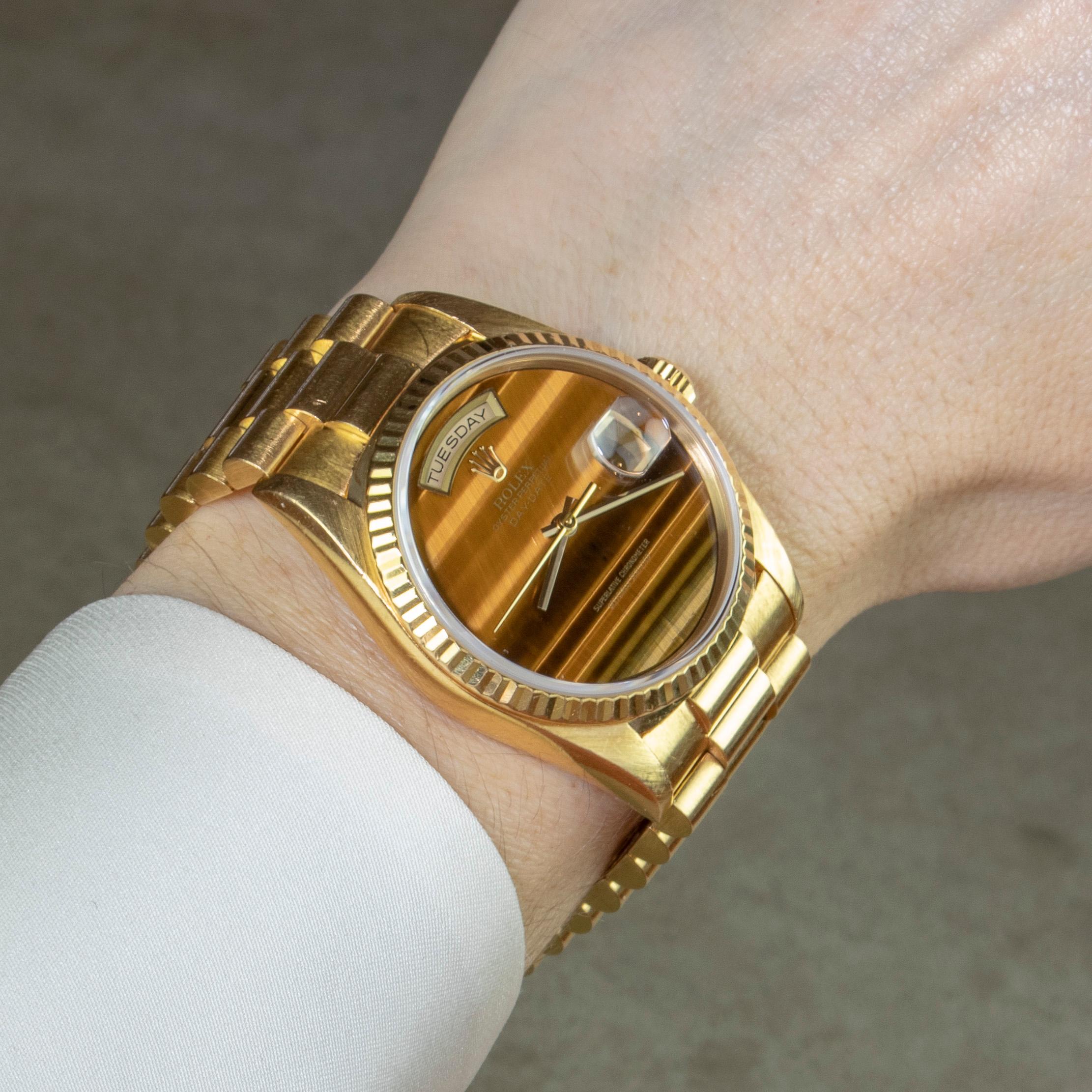 Rolex Yellow Gold Day-Date Tiger's Eye Dial President Wristwatch, 1980s In Good Condition In New York, NY