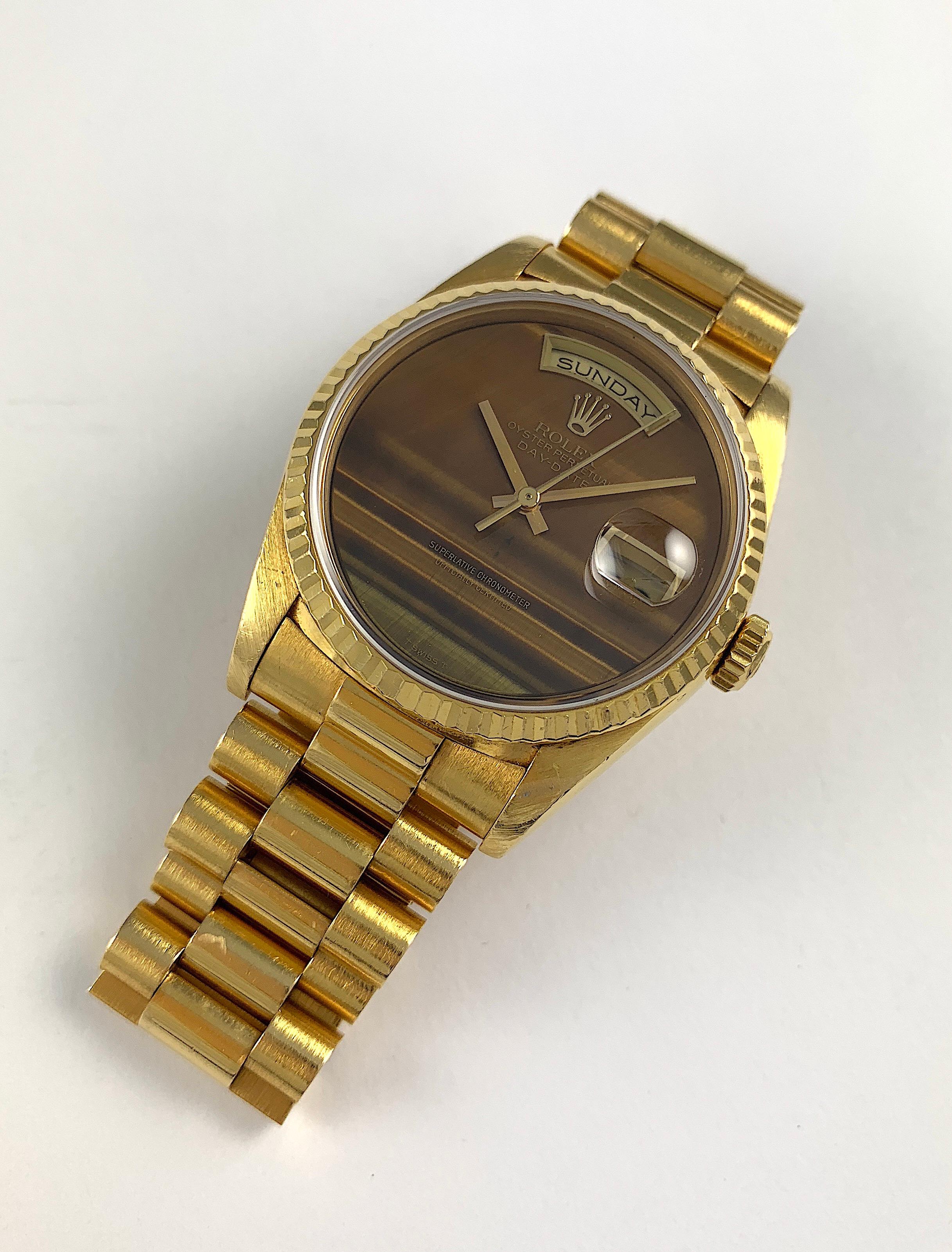 Rolex Yellow Gold Day-Date Tiger's Eye Dial President Wristwatch In Good Condition For Sale In New York, NY