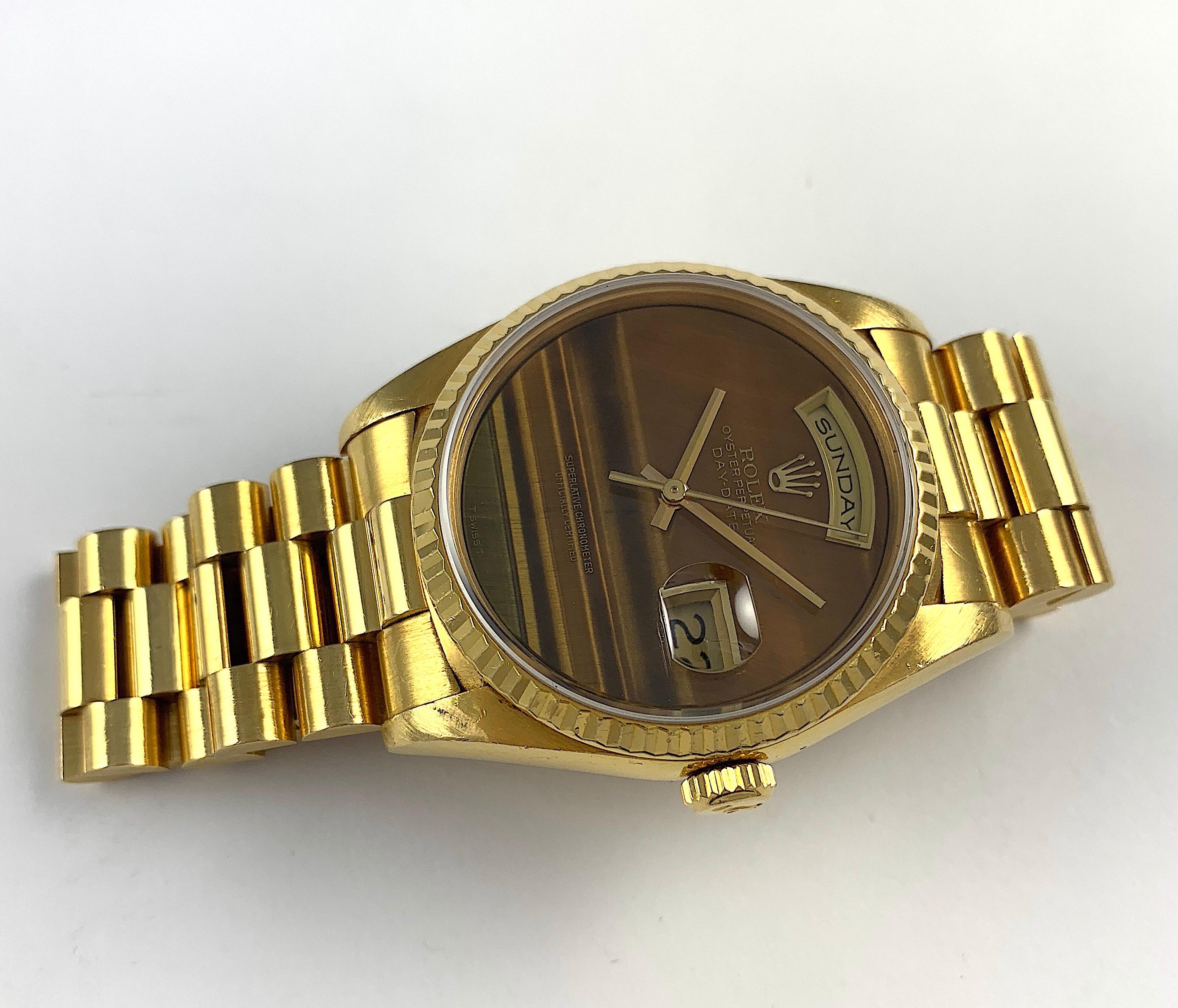 Women's or Men's Rolex Yellow Gold Day-Date Tiger's Eye Dial President Wristwatch For Sale