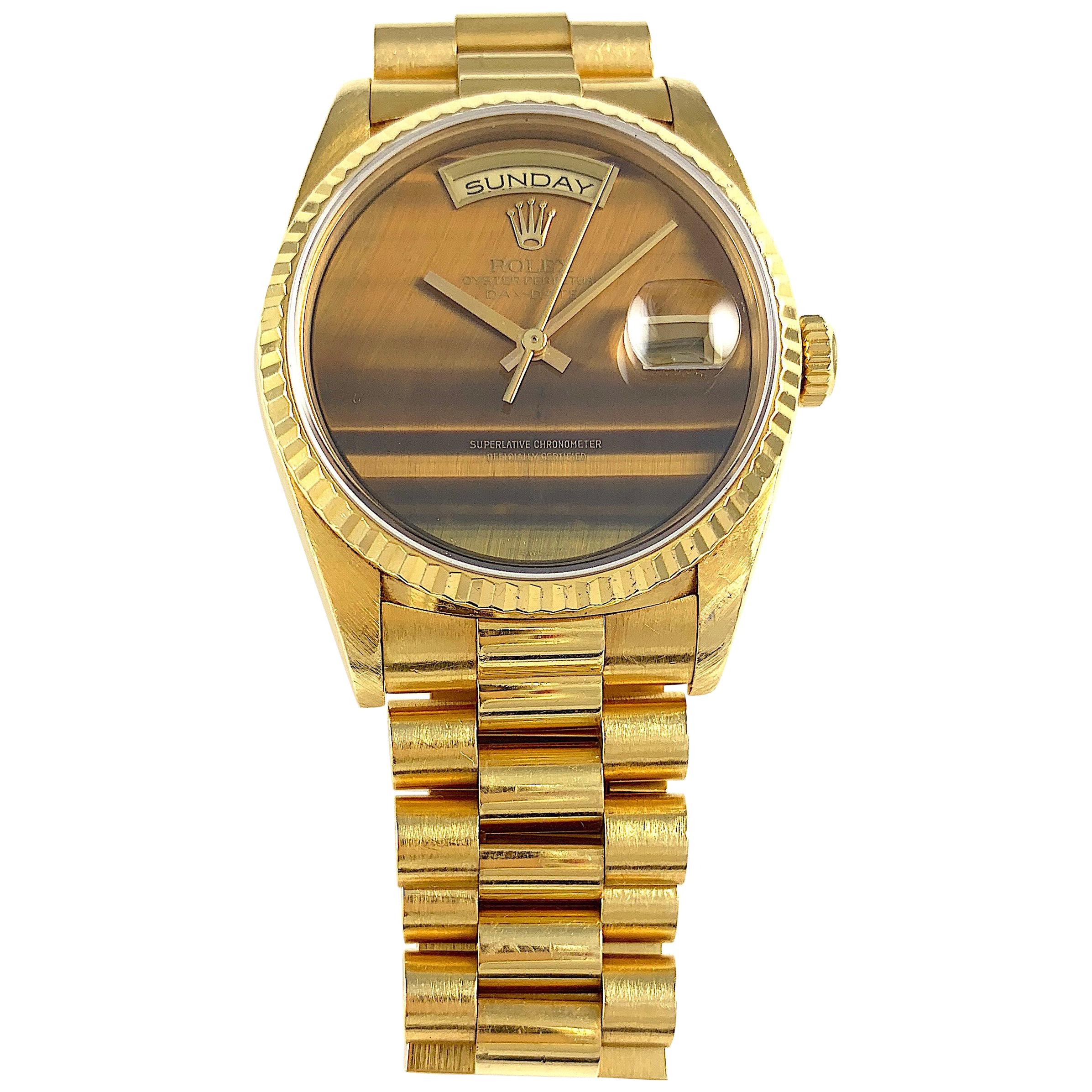 Rolex Yellow Gold Day-Date Tiger's Eye Dial President Wristwatch For Sale