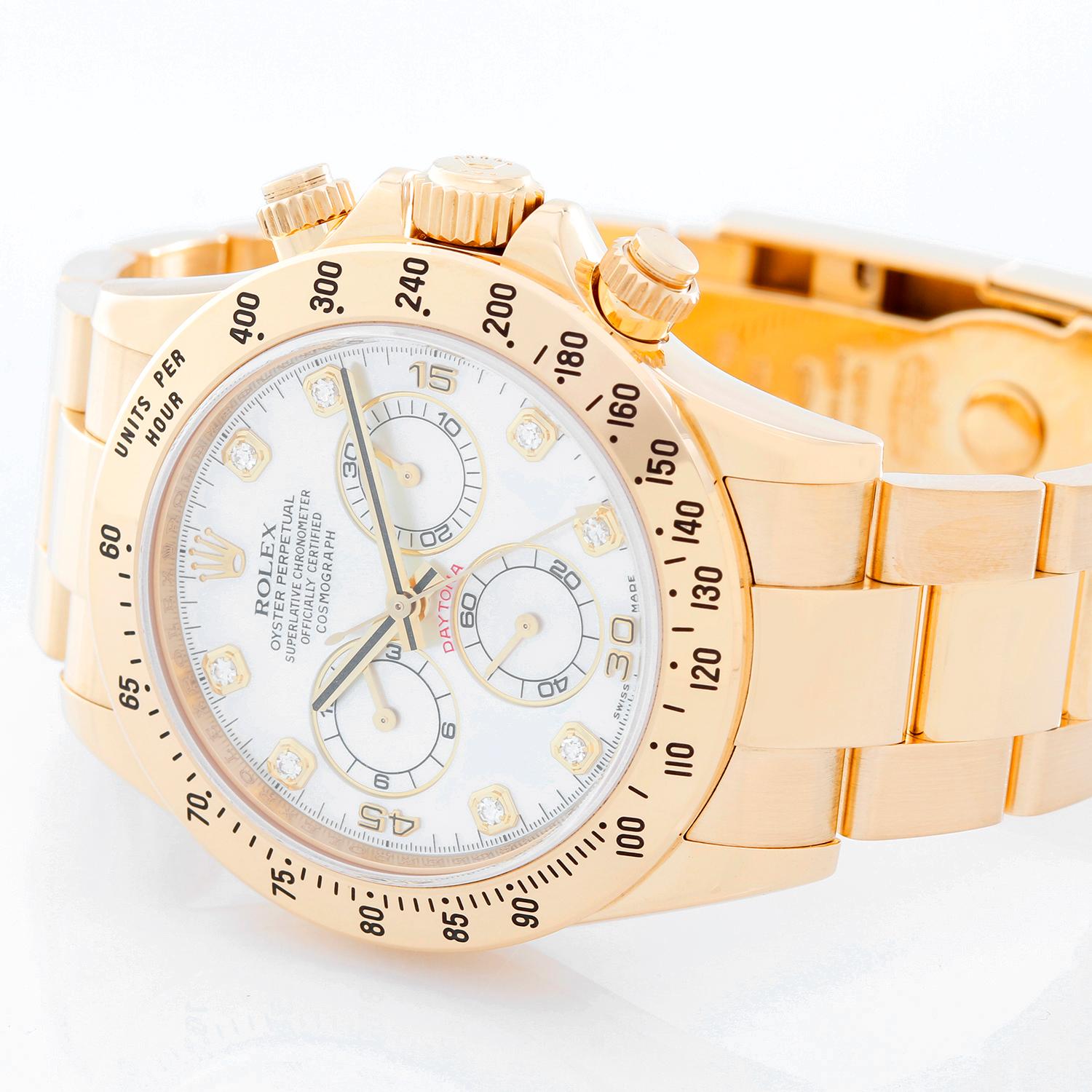 Rolex Cosmograph Daytona Men's Watch 116528 - Automatic winding, chronograph, 44 jewels, sapphire crystal. 18k yellow gold case and bezel  . Factory Mother of Pearl with diamond hour markers . 18k yellow gold Oyster bracelet with flip-lock clasp.