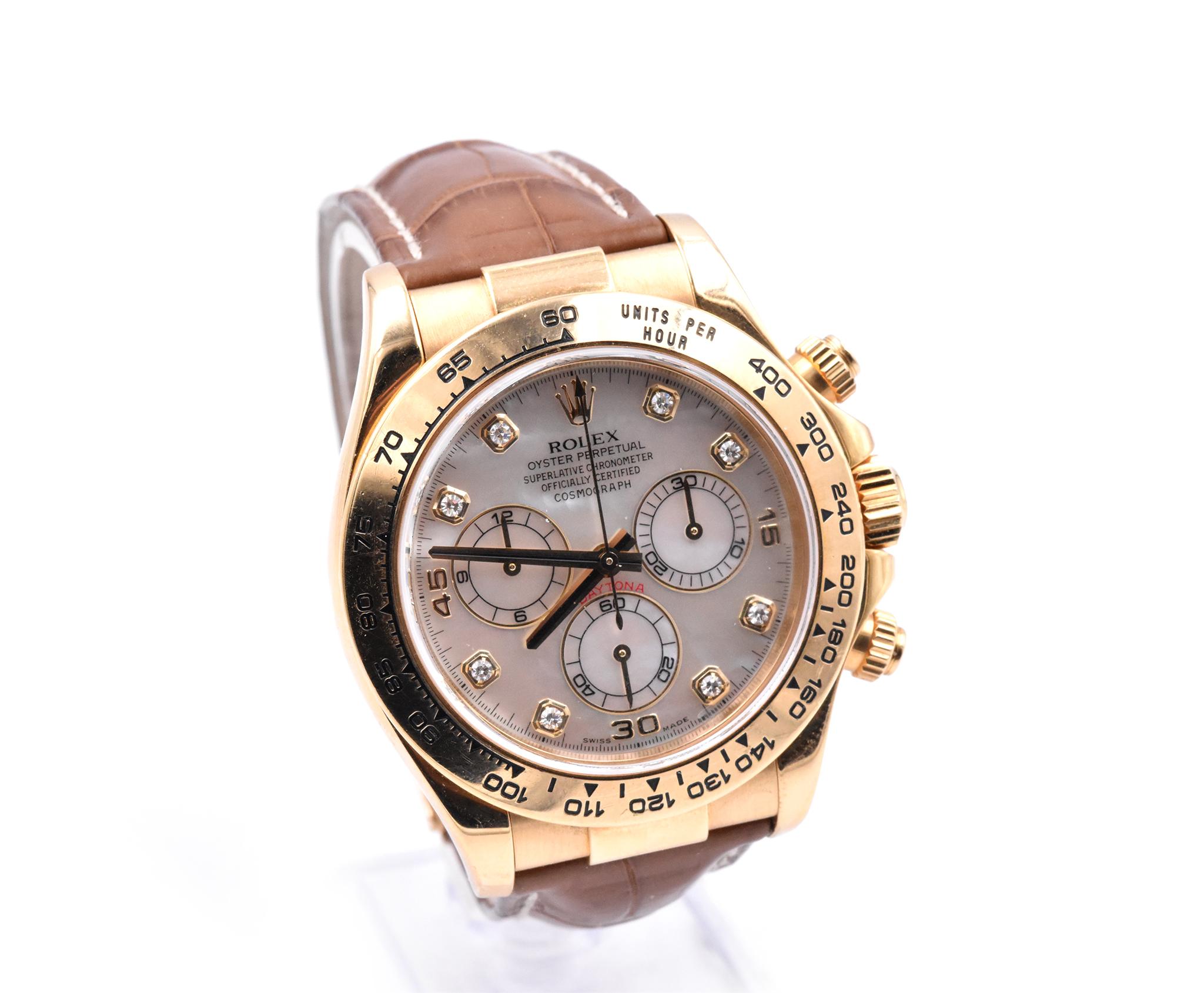 Movement: automatic 4130 movement
Function: hours, minutes, seconds, sub seconds, chronograph
Case: 18k yellow gold round 40mm case, tachymeter bezel, inner reflector ring engraved with serial number, sapphire crystal, screw-down crown and